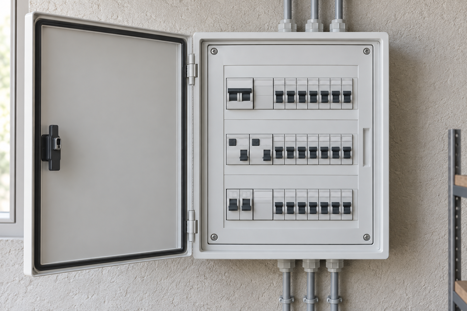 Front view of a generic AC distribution enclosure with an open outer door and protected modular device faces