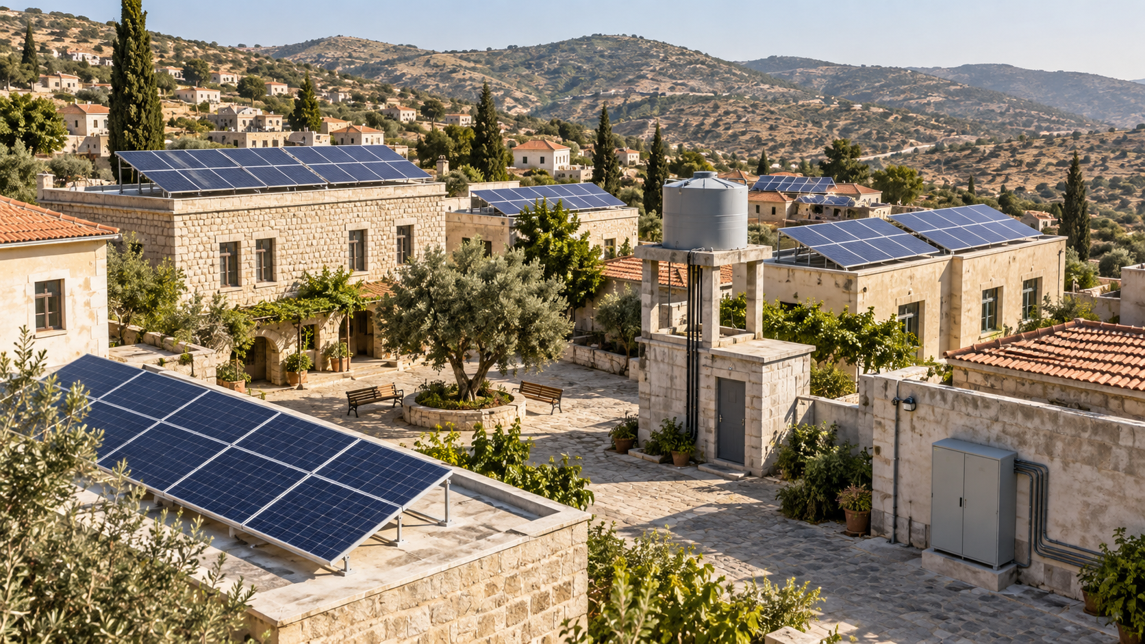 Generic Lebanese village rooftops with solar panels around a civic courtyard and a closed electrical enclosure