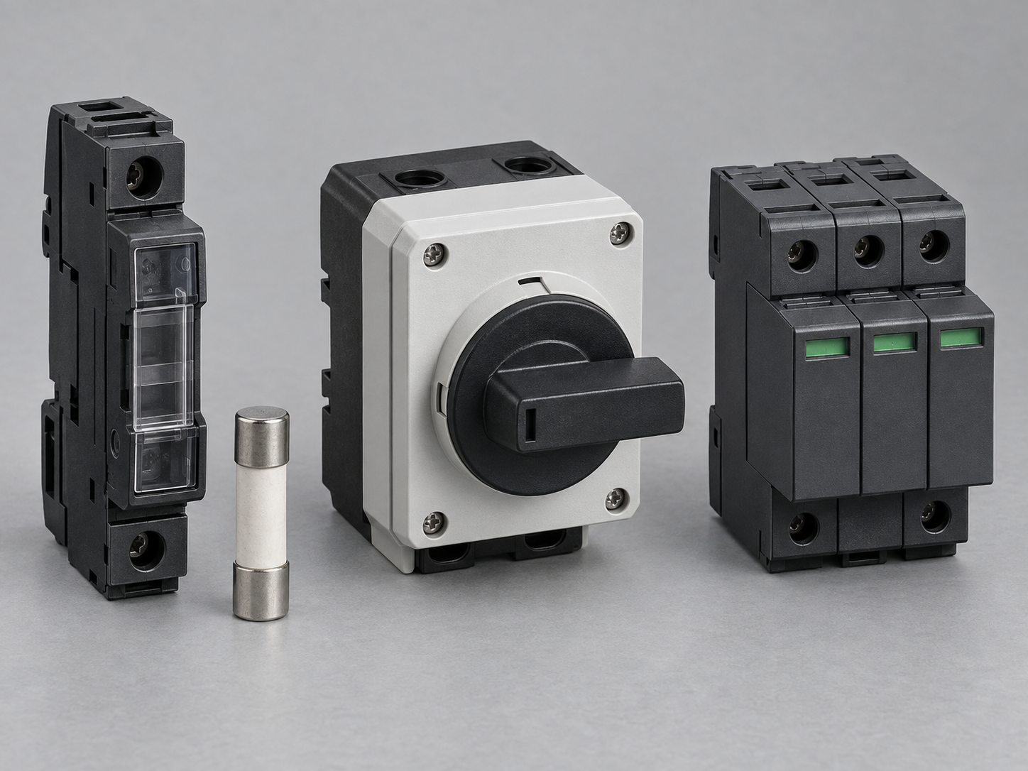 Isolated unmarked fuse holder fuse cartridge rotary disconnector and surge protection module arranged on a studio tabletop