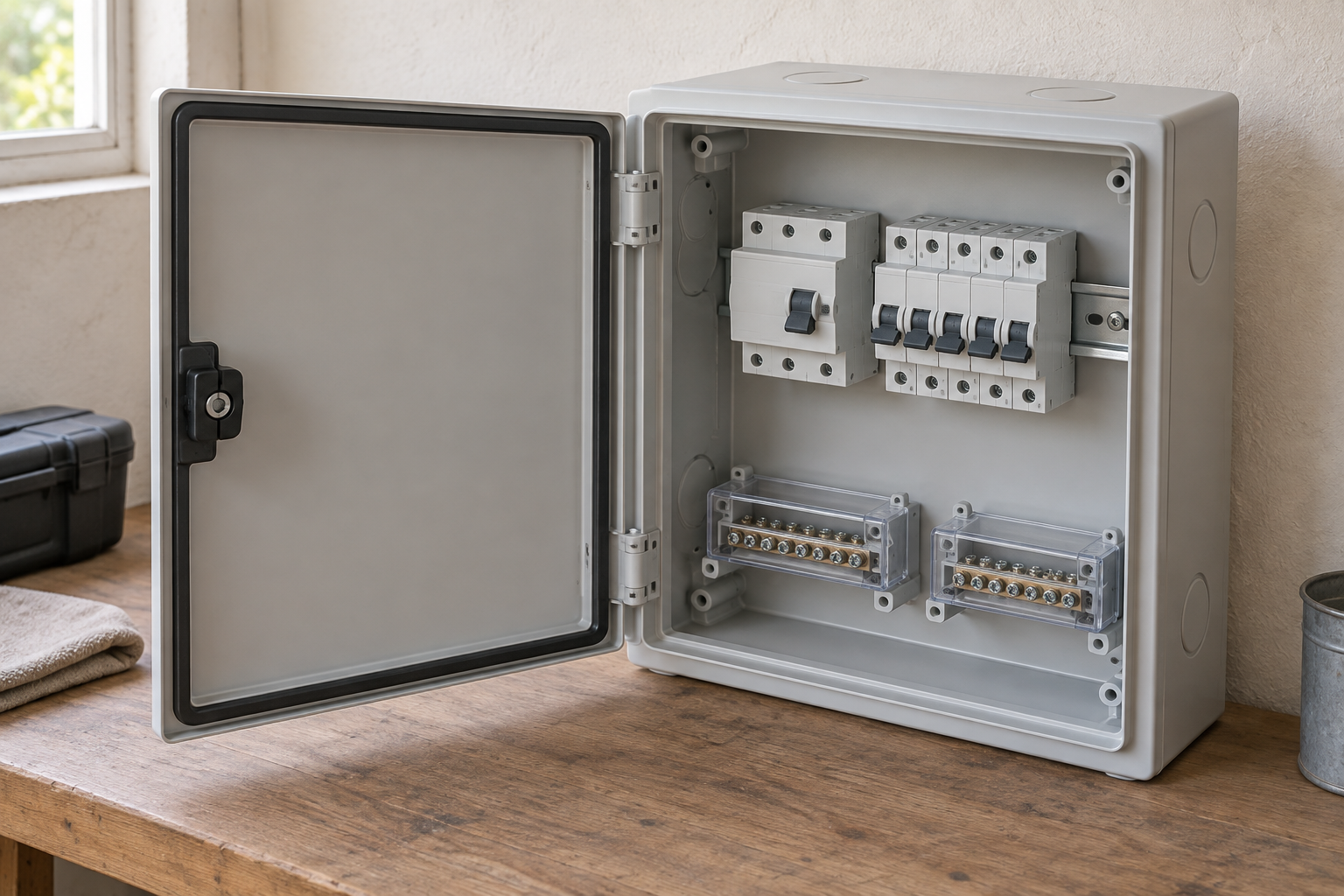 Oblique view of an unwired AC demonstration enclosure with separate covered terminal bars and an open outer door