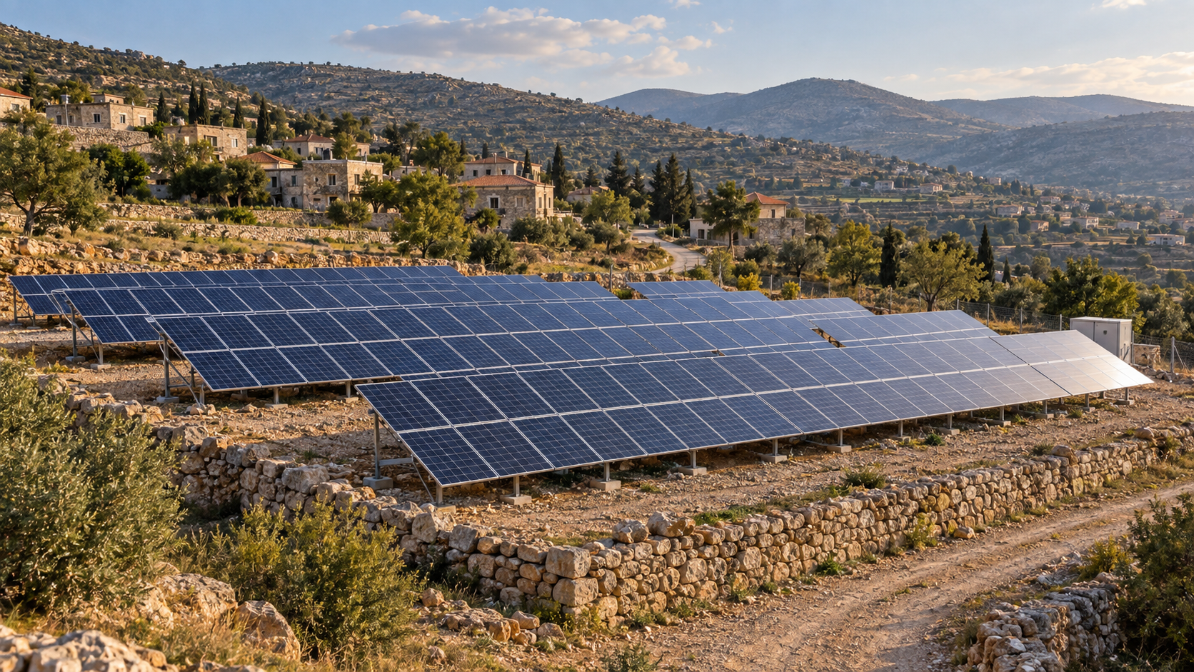 Small ground-mounted solar array on a stone-supported terrace beside a generic Lebanese village