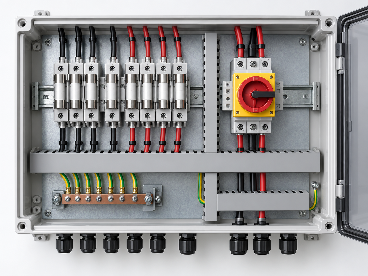 DC combiner interior with cylindrical fuse holders, a rotary disconnector, cable ducts and an earthing bar