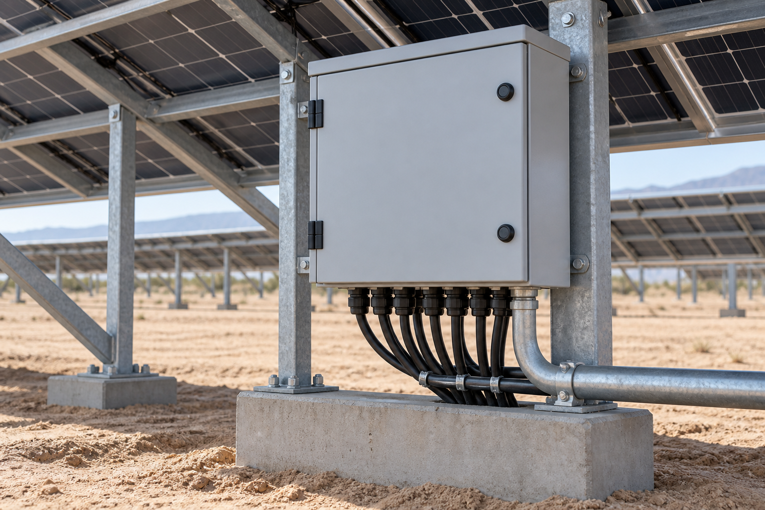 Closed outdoor DC combiner enclosure beneath tilted PV modules, with downward cable glands and protected conduit