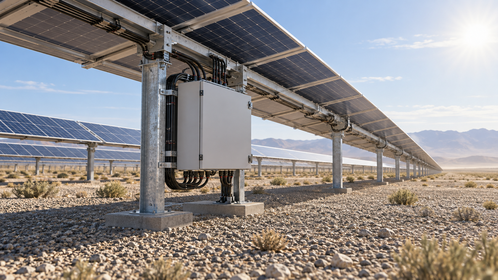 Photovoltaic tracker rows on a flat gravel plain with a closed DC combiner cabinet beneath the leading row