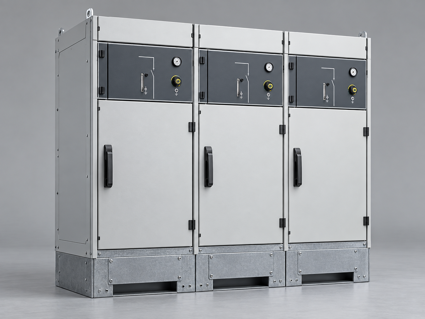 Ring-main switchgear lineup with three modular bays, closed doors, operating handles and base cable compartments