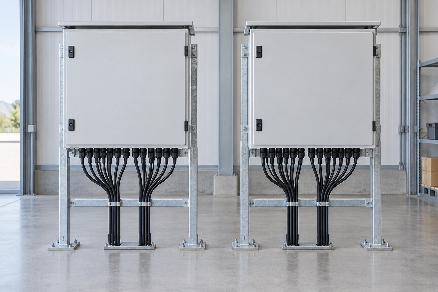 Two matching closed solar combiner cabinets on separate mounting frames with downward cable entries