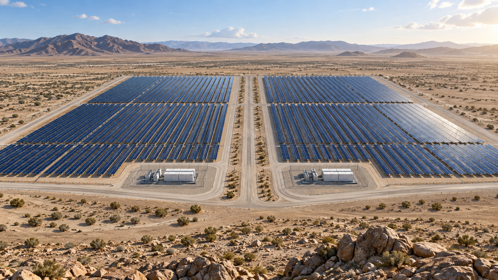 Two matching PV collection blocks with service lanes and enclosure skids on a desert plain