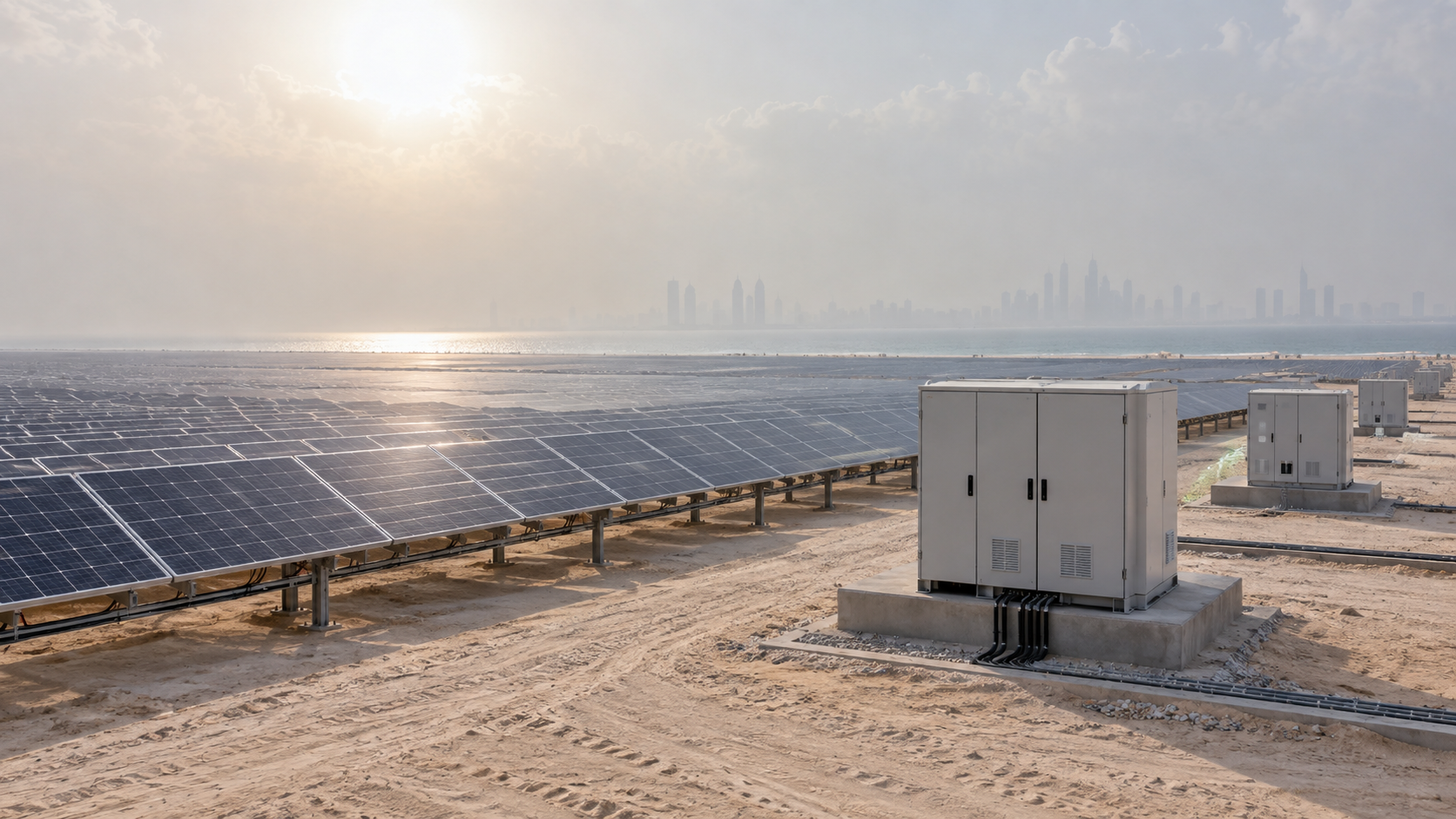 Large Gulf desert solar field under a humid, hazy sky