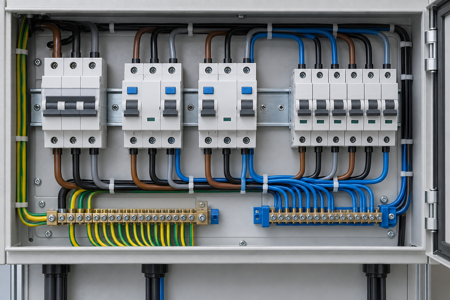 AC distribution board with residual-current and circuit protection modules