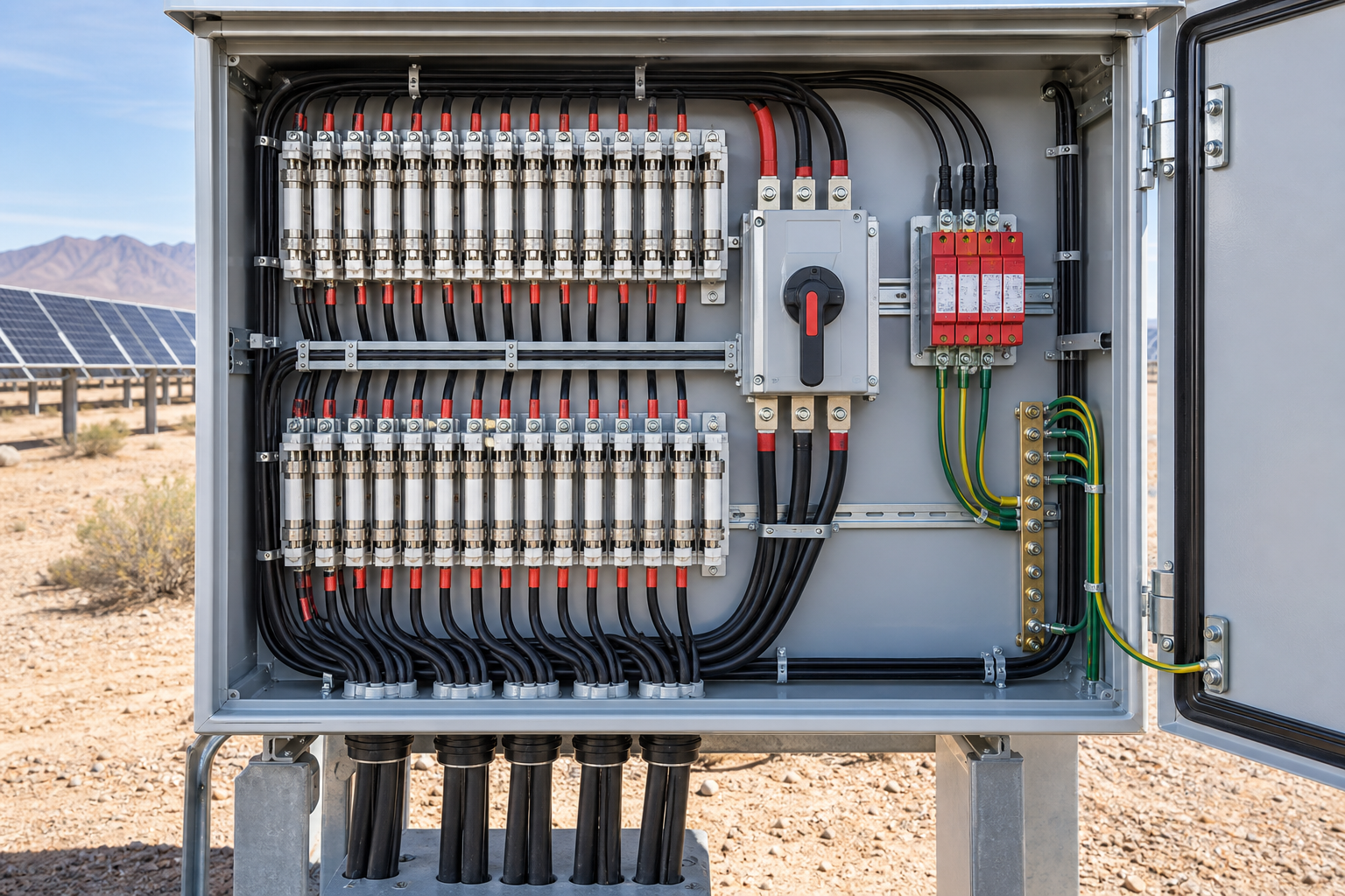 Open 1500 V PV combiner cabinet with gPV fuse and DC protection devices