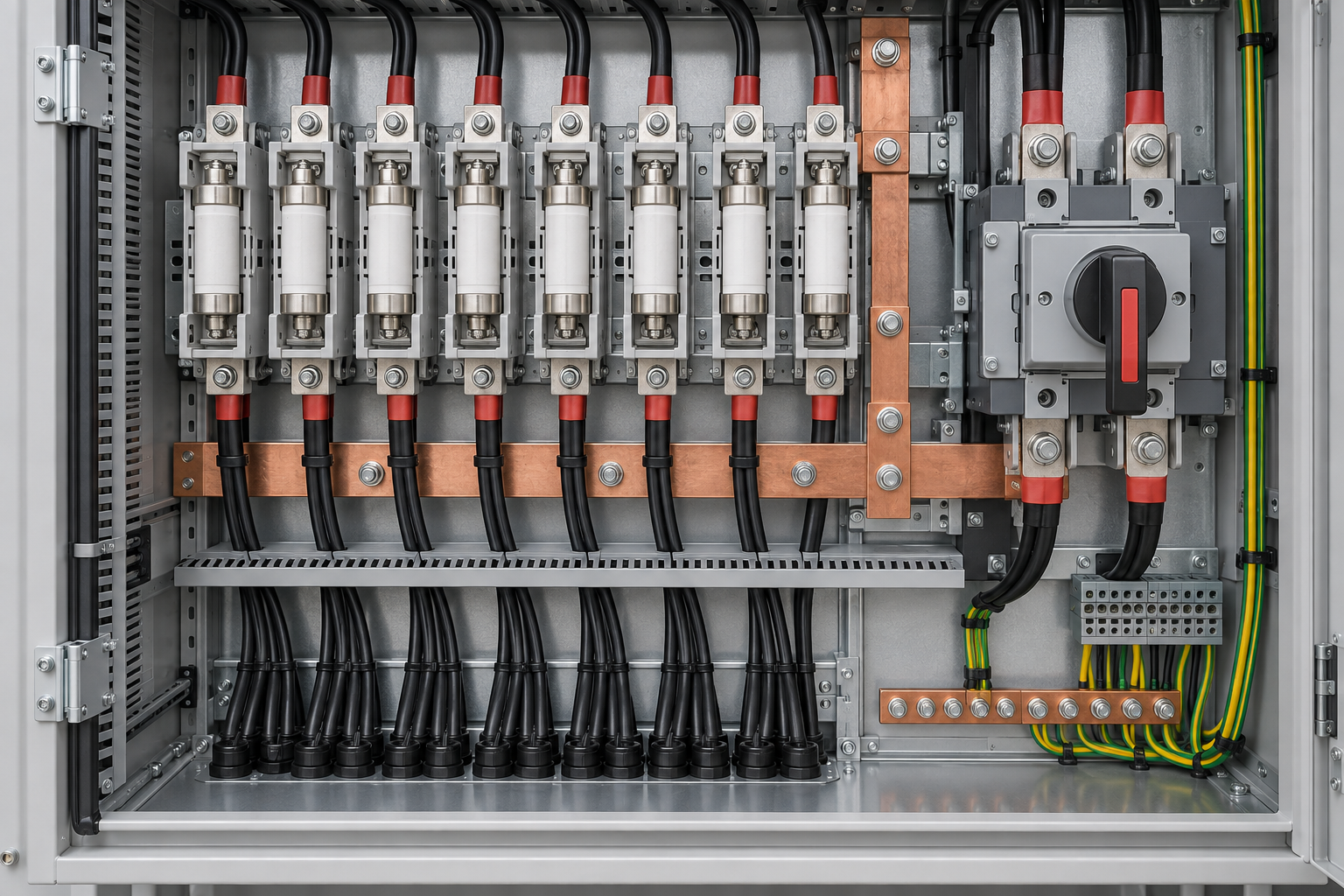 1500 V combiner interior with busbar, fuse holders and DC disconnect
