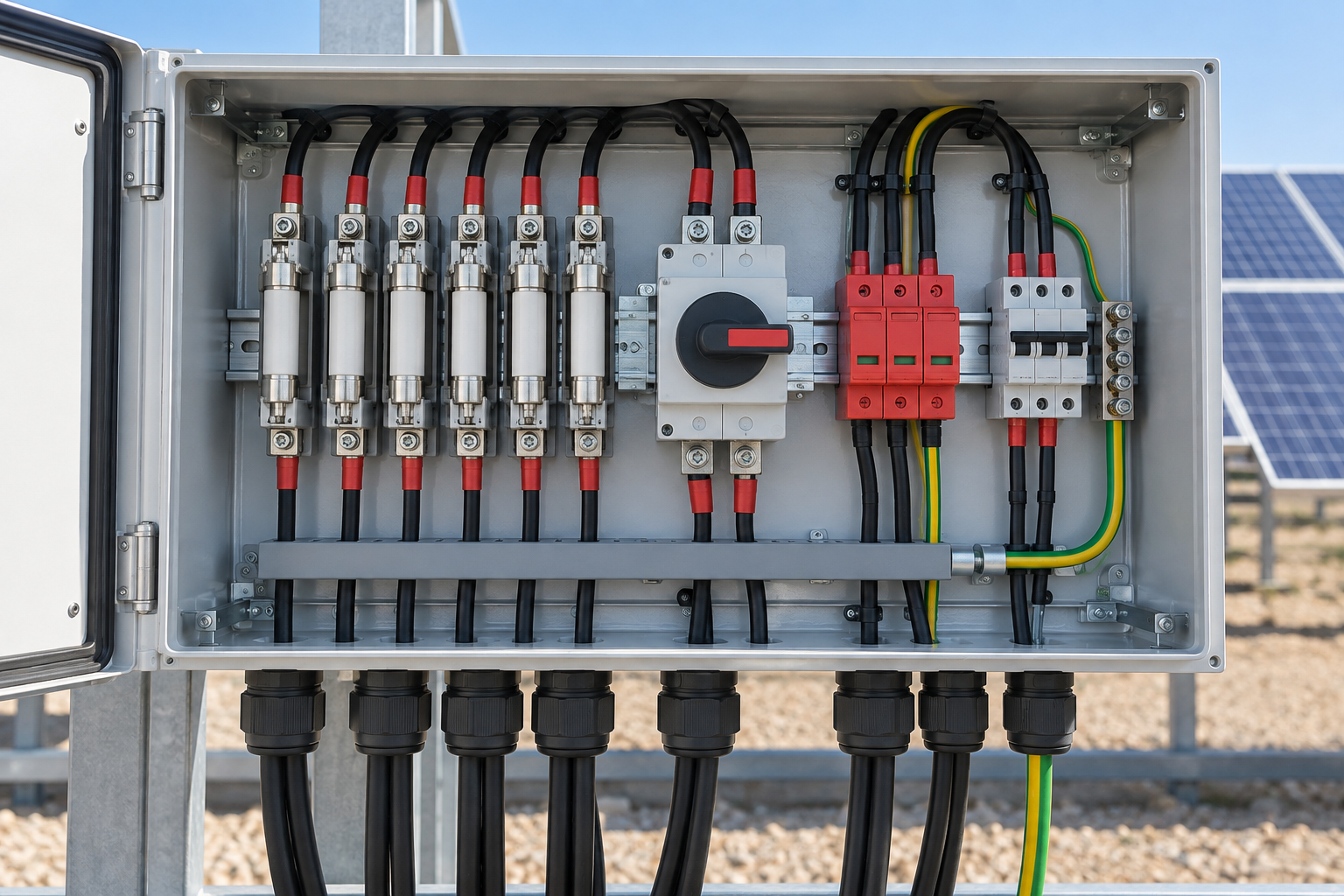 Open PV combiner cabinet with gPV fuses, DC isolation and surge protection