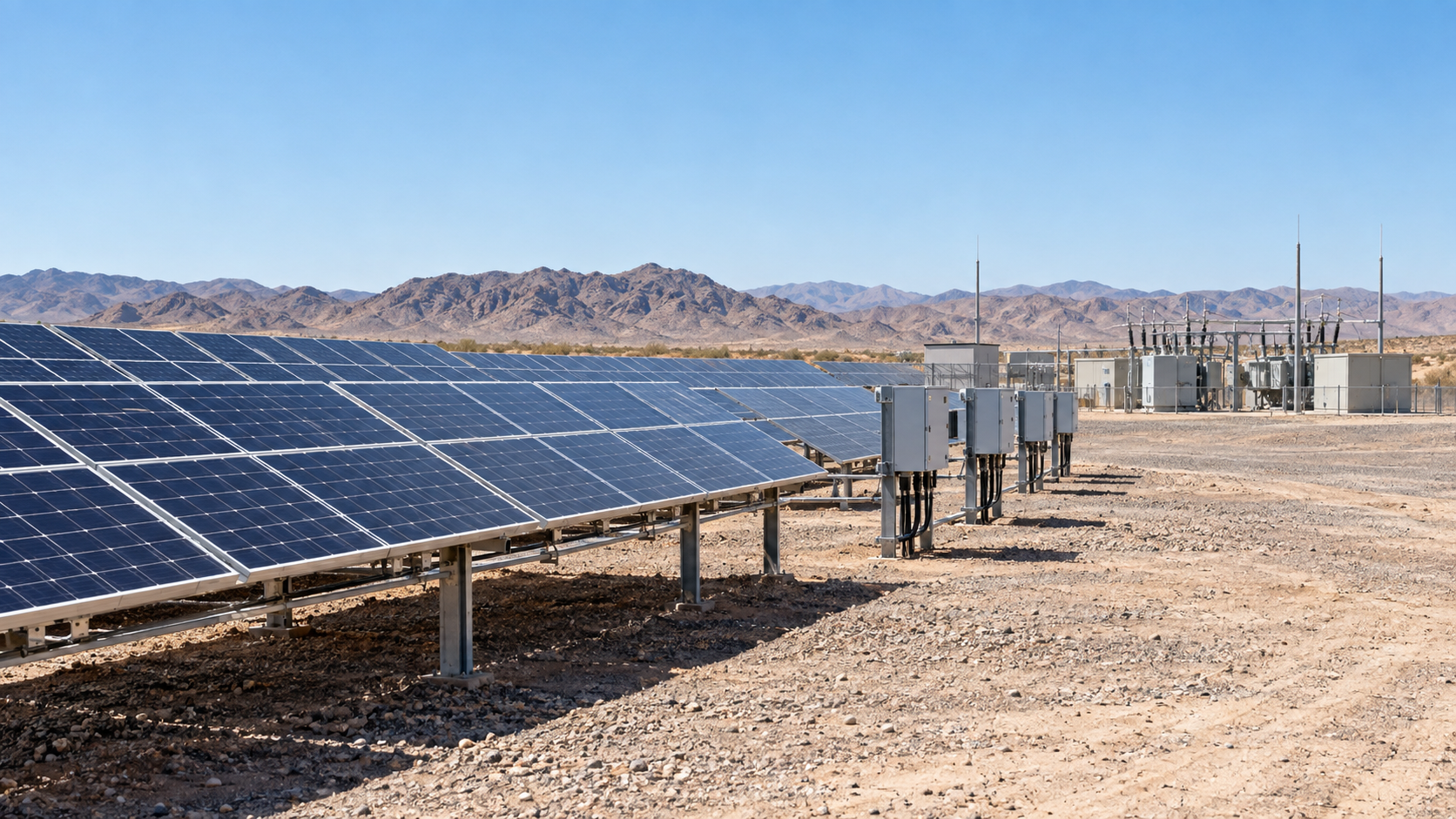 Mid-size desert solar array with combiner equipment and compact substation