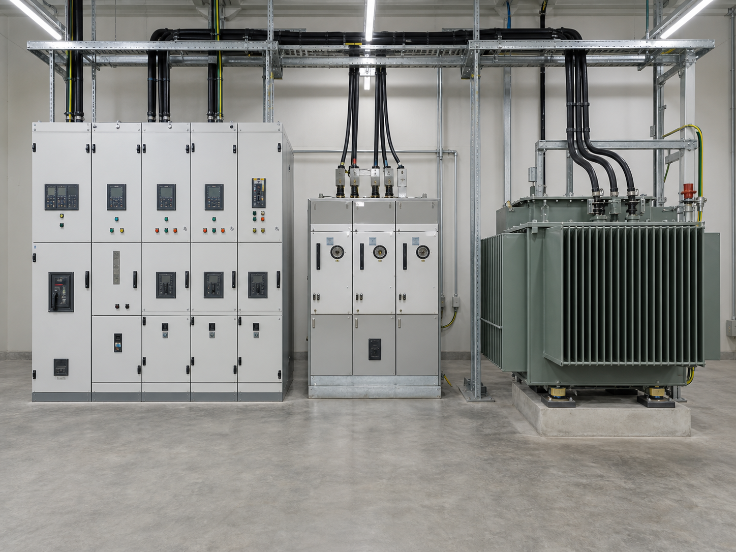 Low-voltage switchgear and grid-interface equipment at a solar collection point