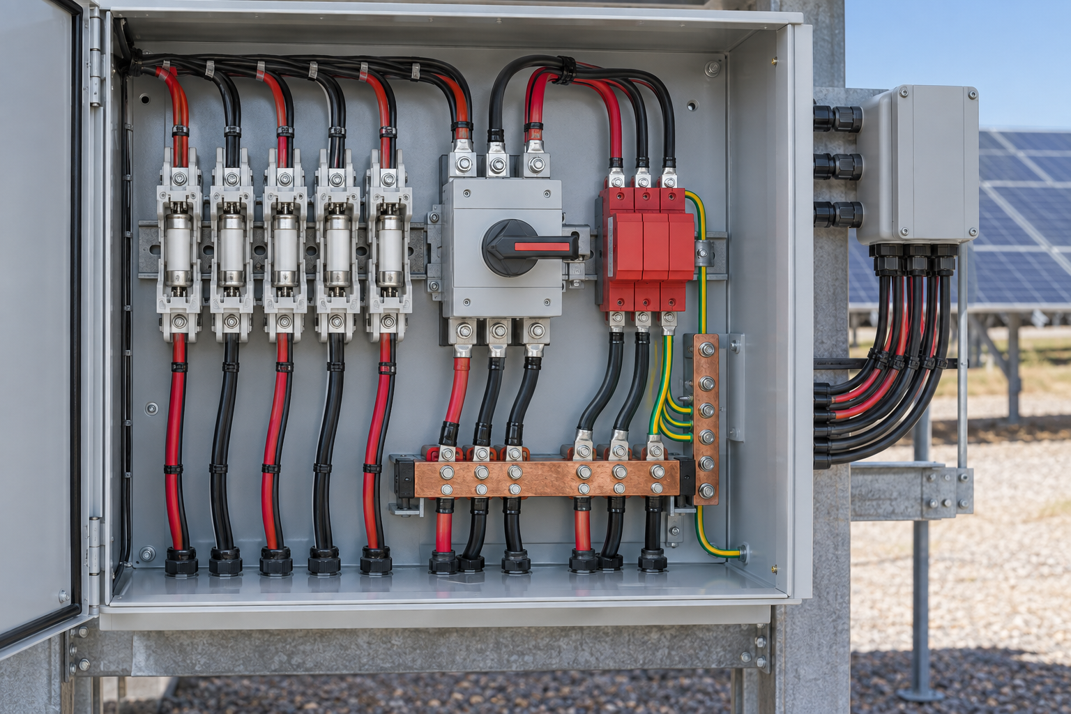 Open utility PV combiner with DC isolation, fuse and surge-protection arrangement