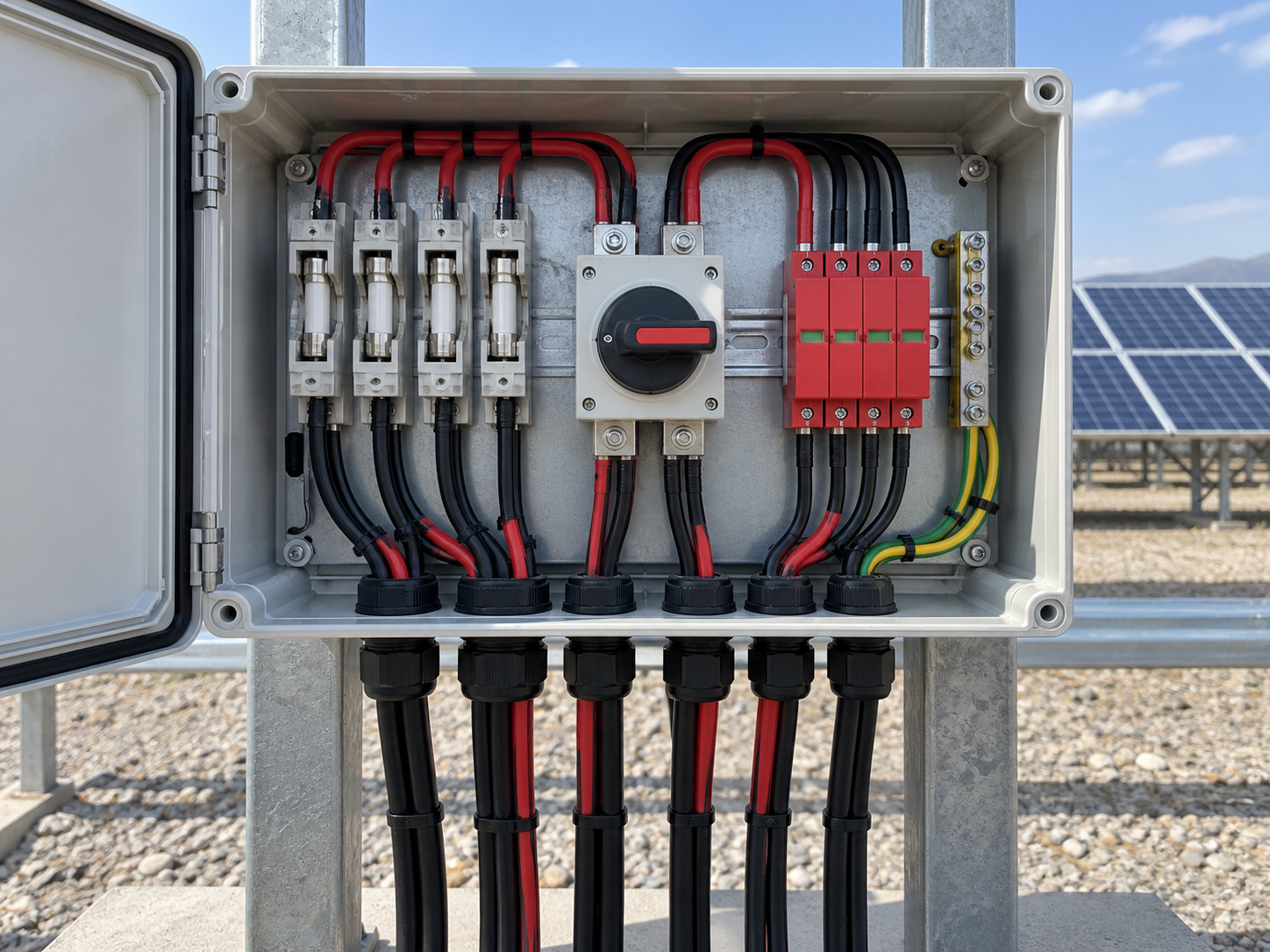 Outdoor PV combiner enclosure with string-fuse and DC isolation protection