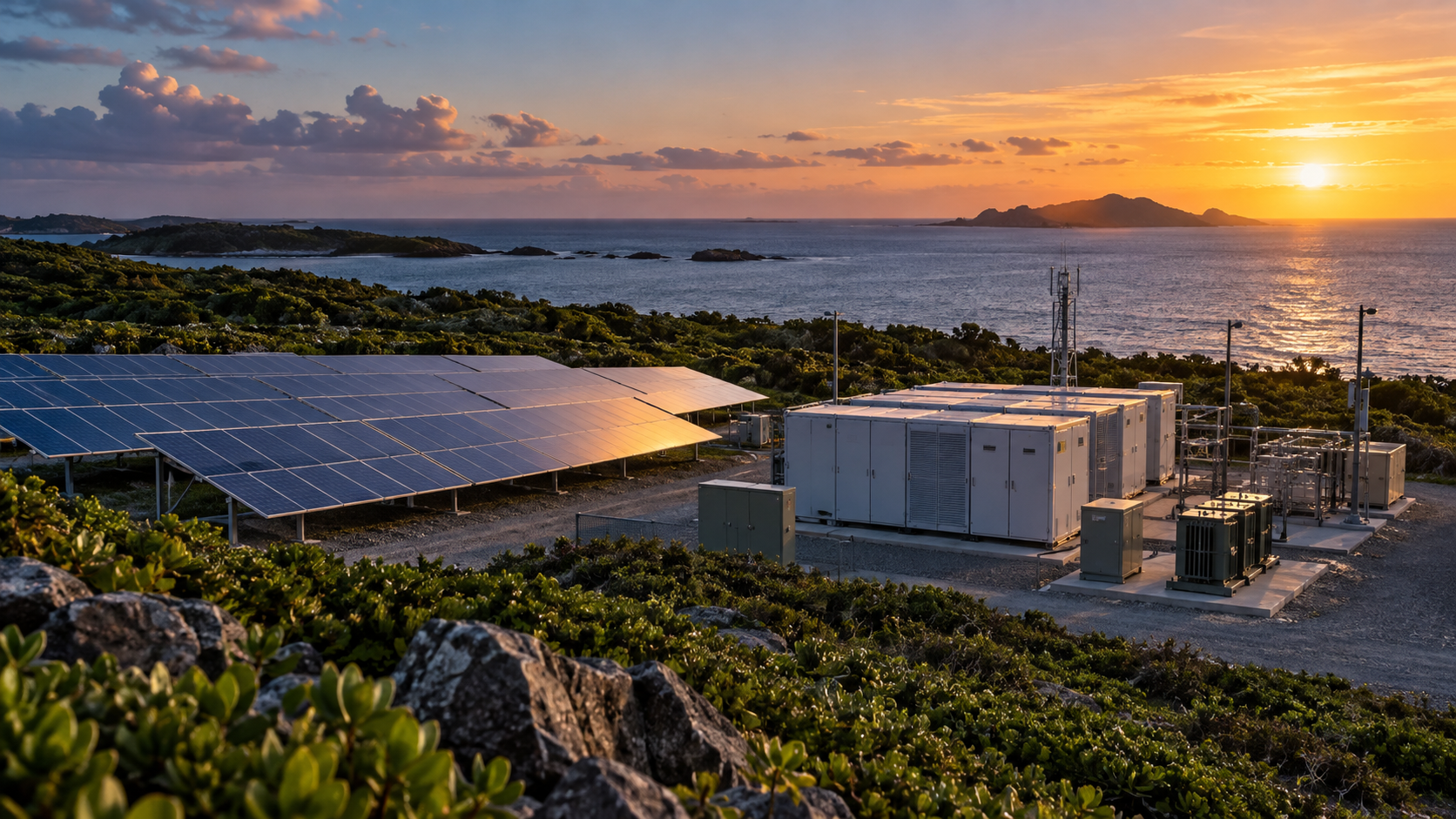 Coastal off-grid solar and energy-system infrastructure at dusk