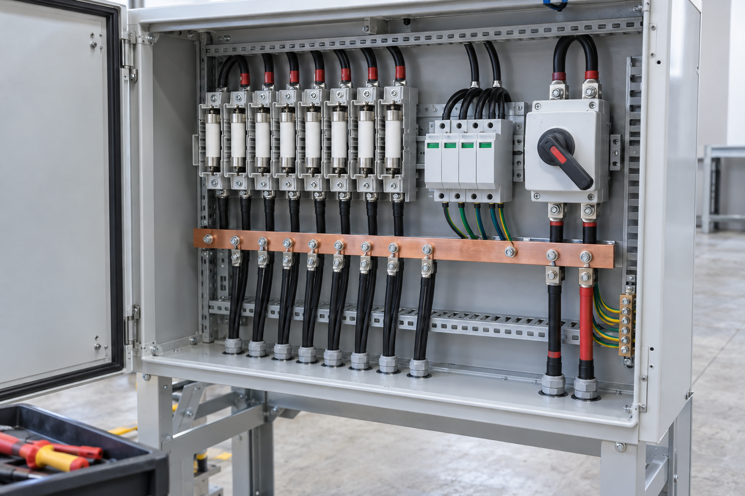 Open utility PV combiner cabinet with gPV fuse and surge protection components