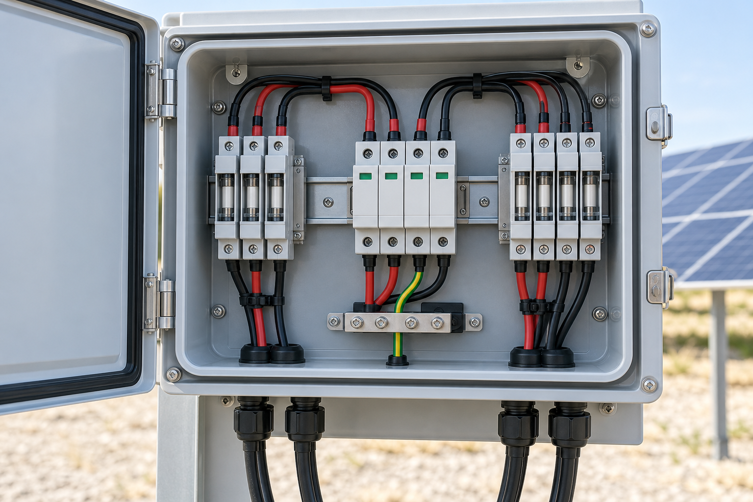 PV combiner cabinet with DC surge and string-fuse protection