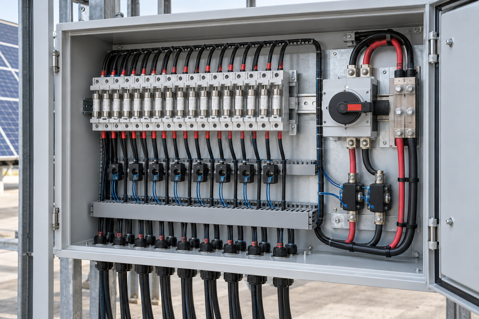 PV combiner cabinet with monitored string inputs and fuse protection