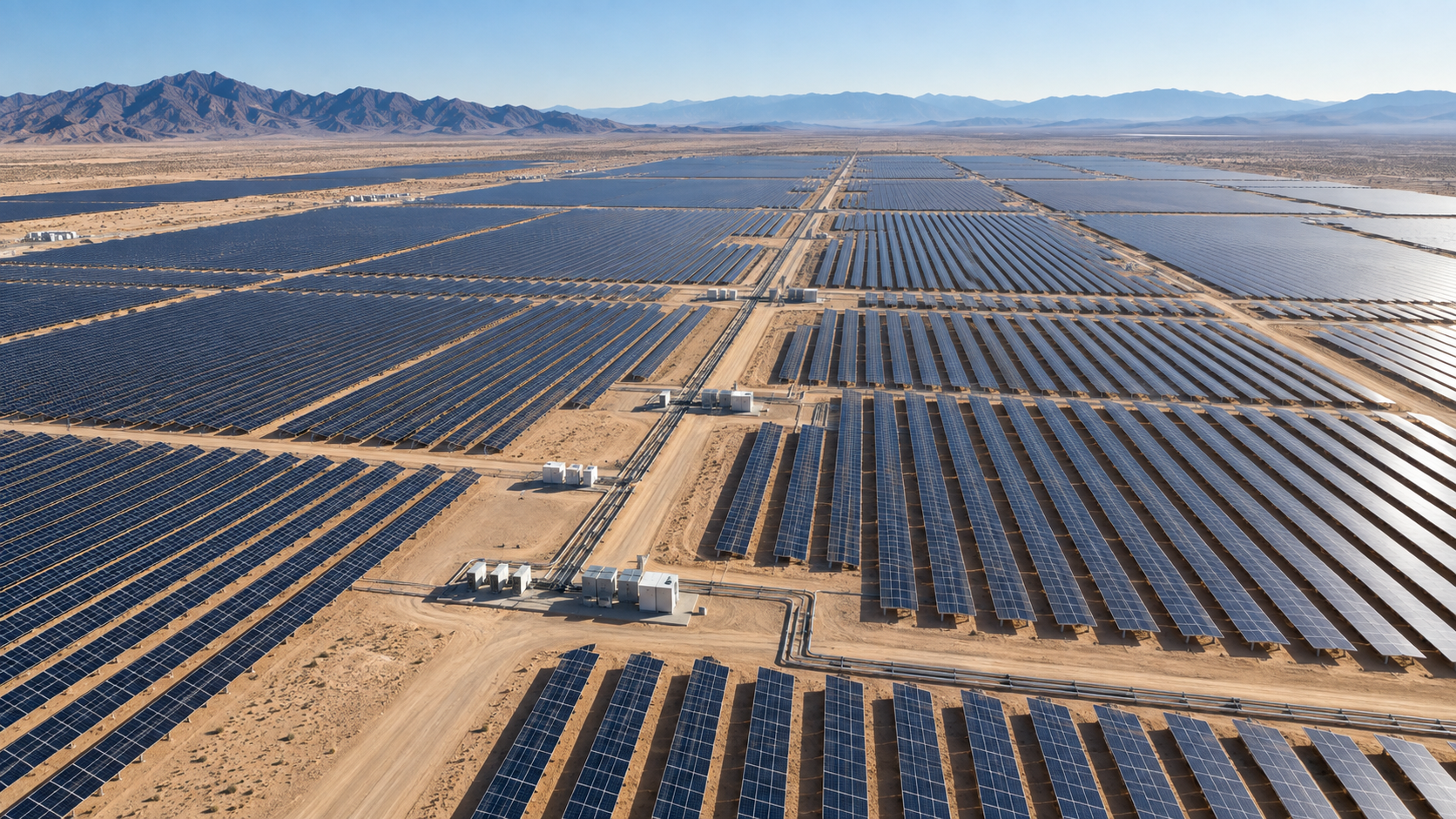 Large desert PV field organized around DC collection corridors