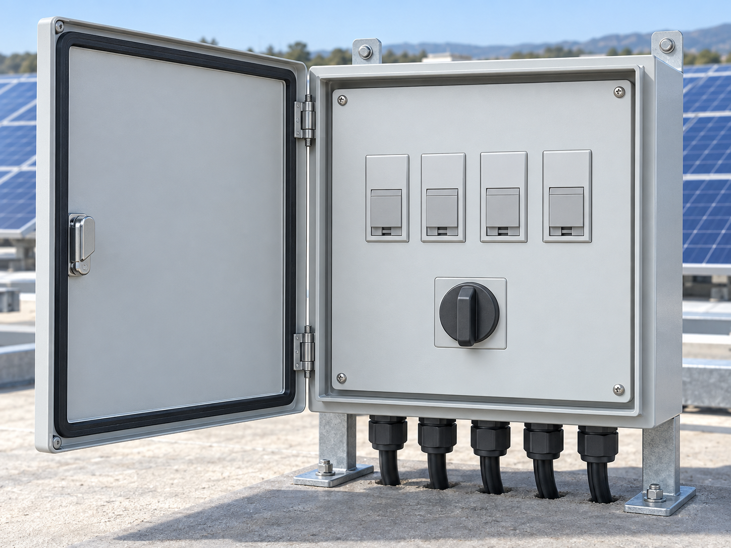 Compact generic PV combiner with an open outer door intact dead-front cover and sealed lower cable entries