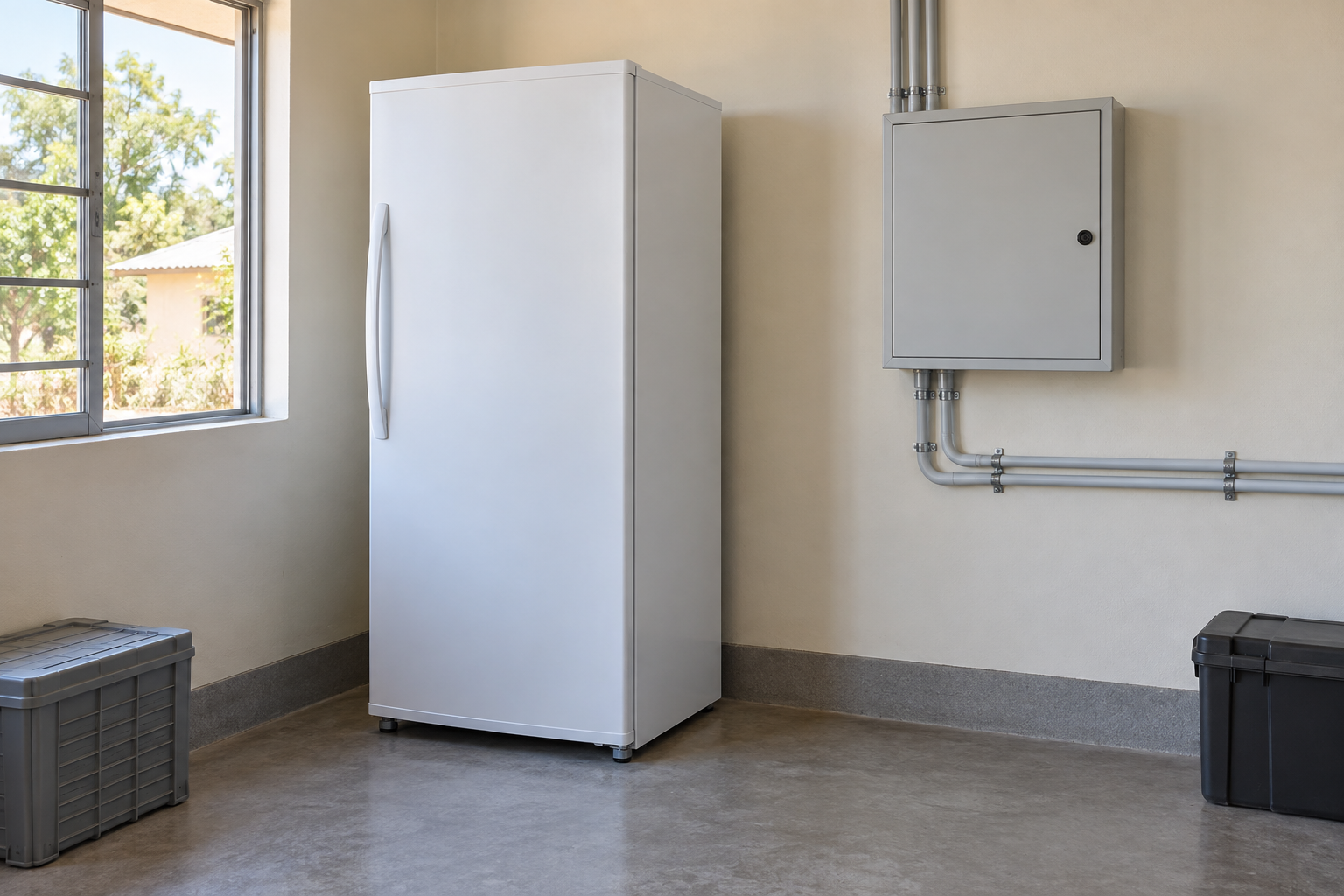 Closed refrigerator and closed AC distribution enclosure in a clean unoccupied clinic utility room