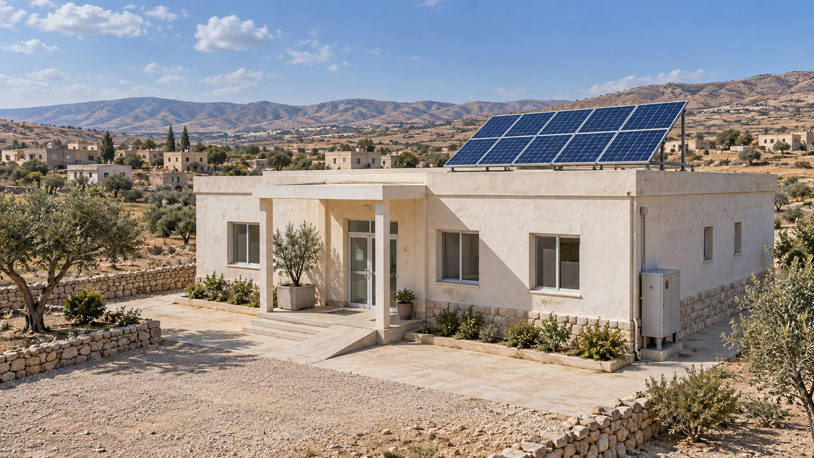 Modest intact rural clinic with a compact rooftop solar array in a generic Syrian setting