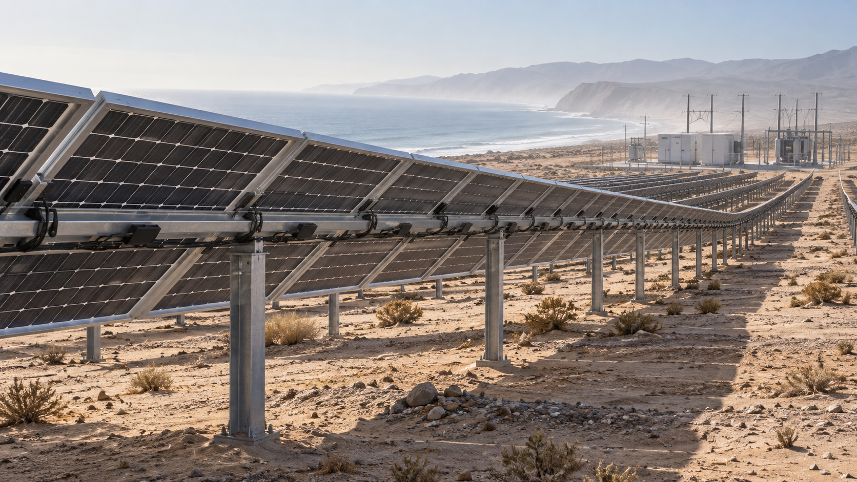 Coastal utility solar field with bifacial PV rows and maritime haze