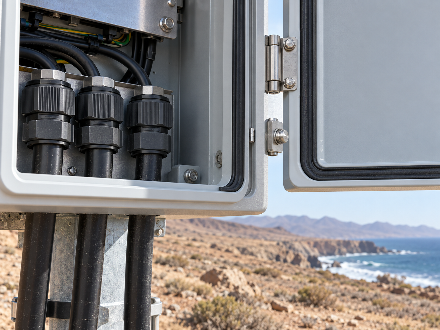 Sealed outdoor PV combiner enclosure with gasketed cable entries