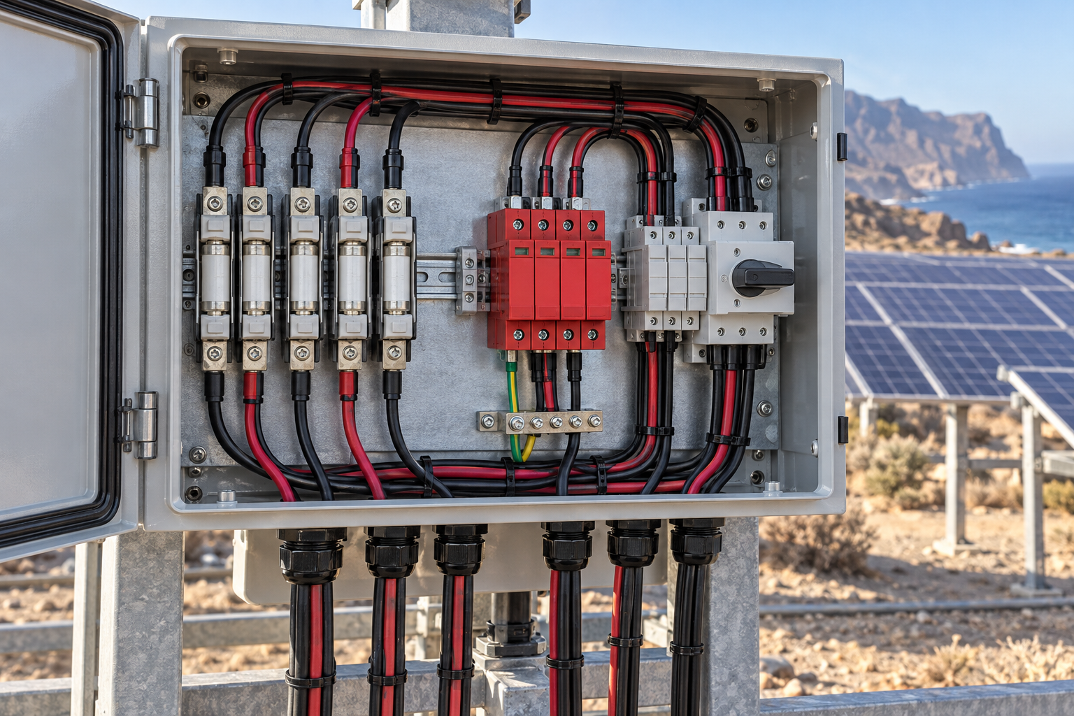 1500 V DC combiner with gPV fuses and staged Type 2 surge protection