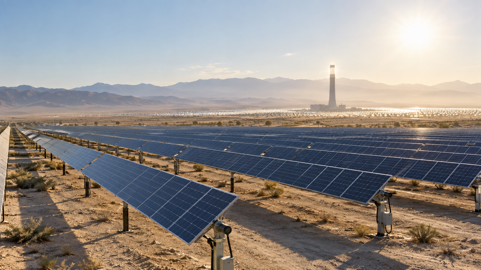 PV arrays and a distant solar-thermal tower in a large desert park