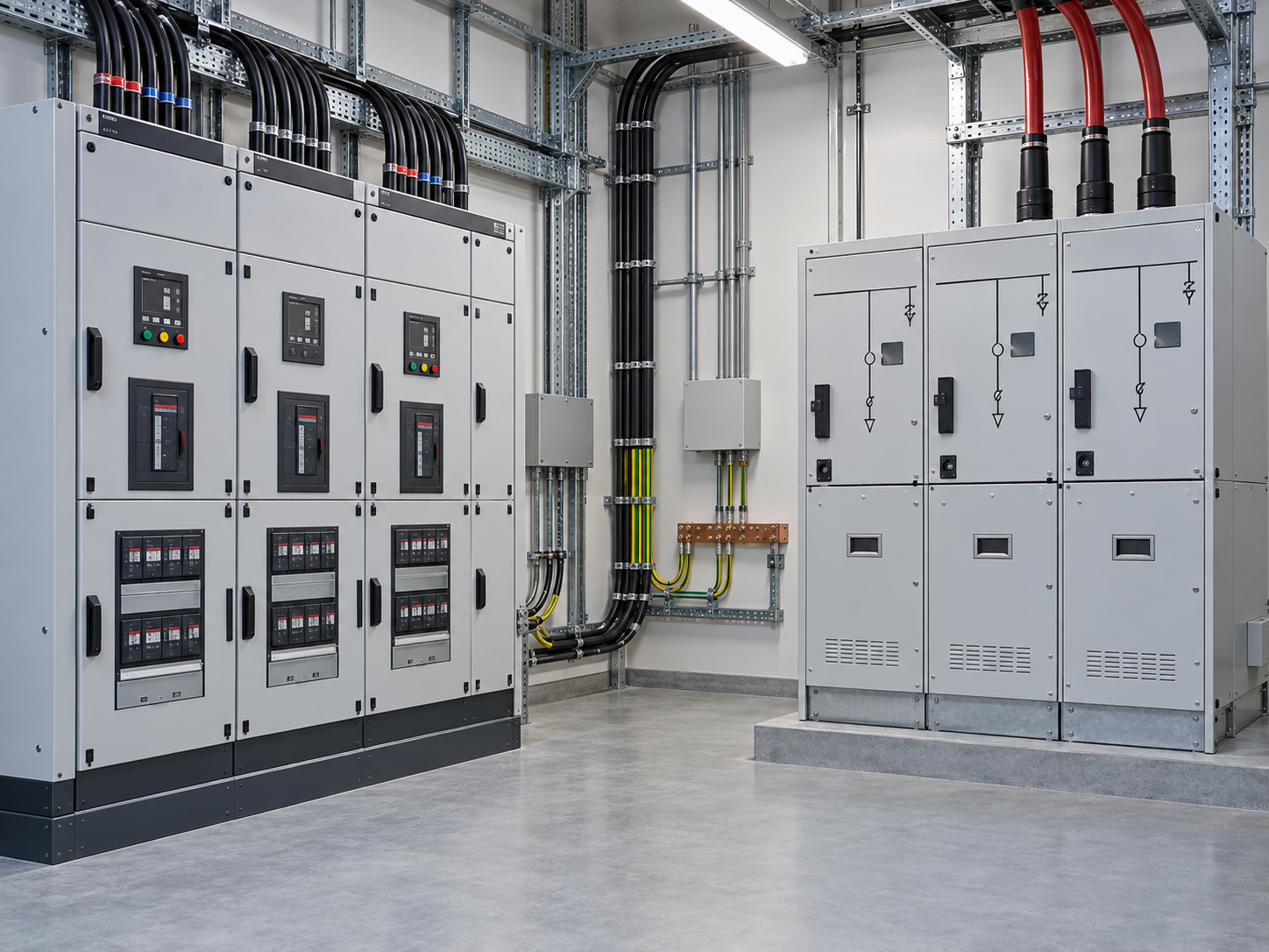 Low-voltage switchgear and grid-interface equipment at a solar collection point