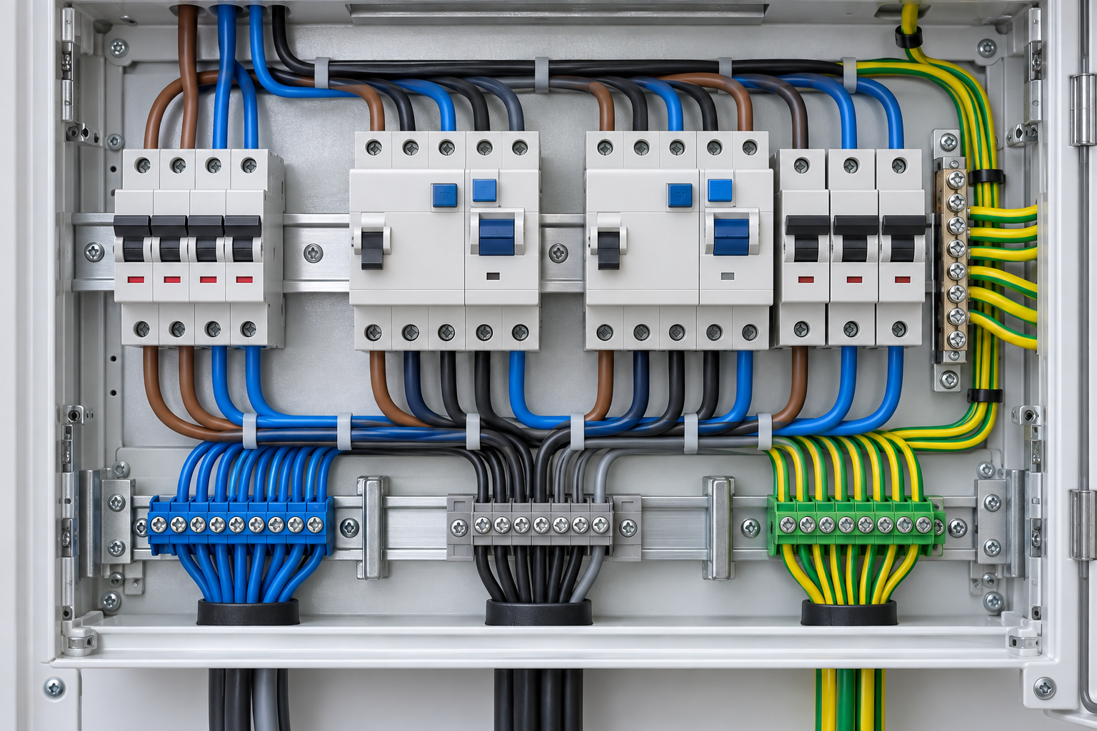 AC distribution board with residual-current and circuit protection modules