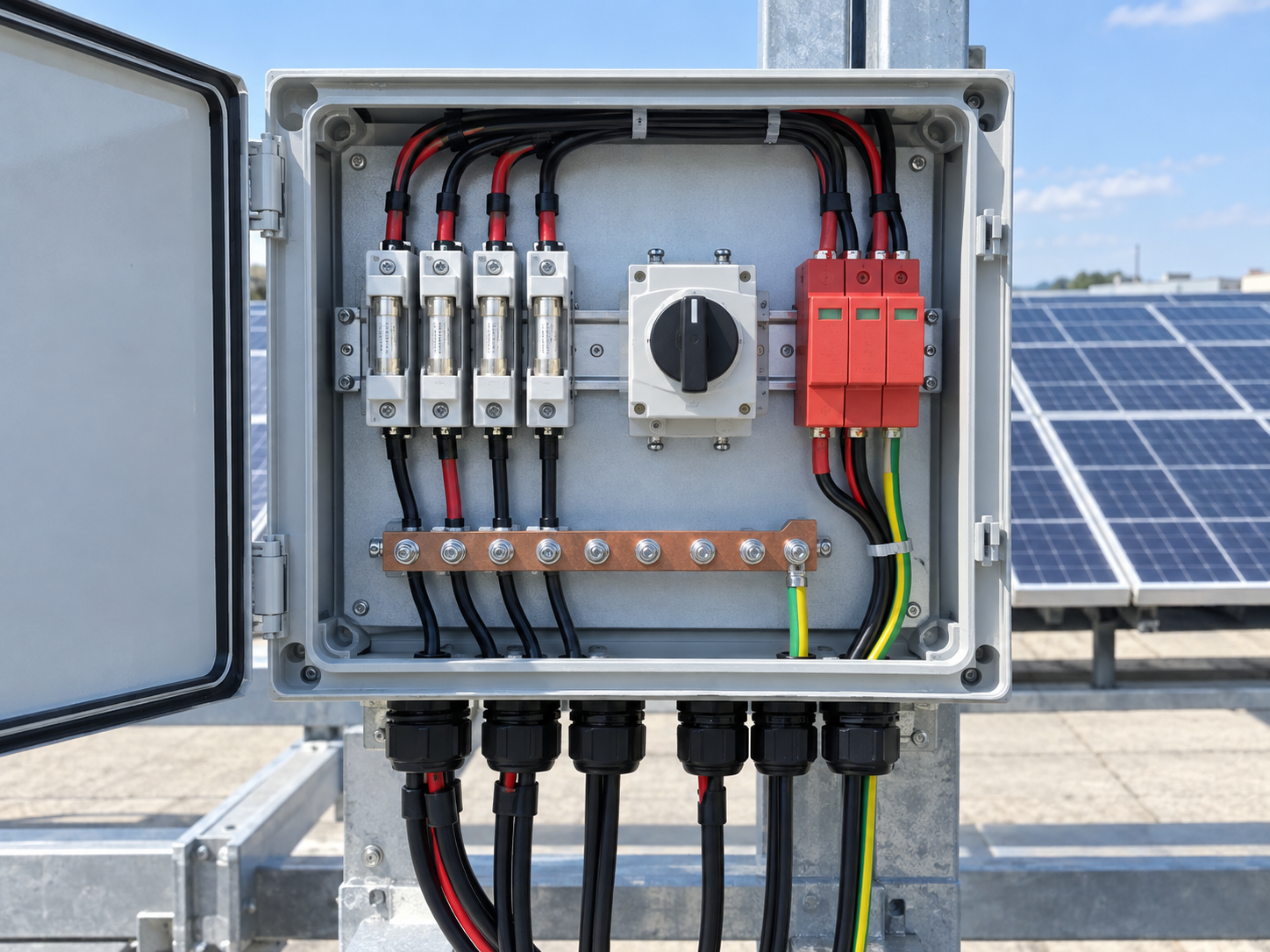 Roof-array PV combiner enclosure with DC isolation and fuse protection