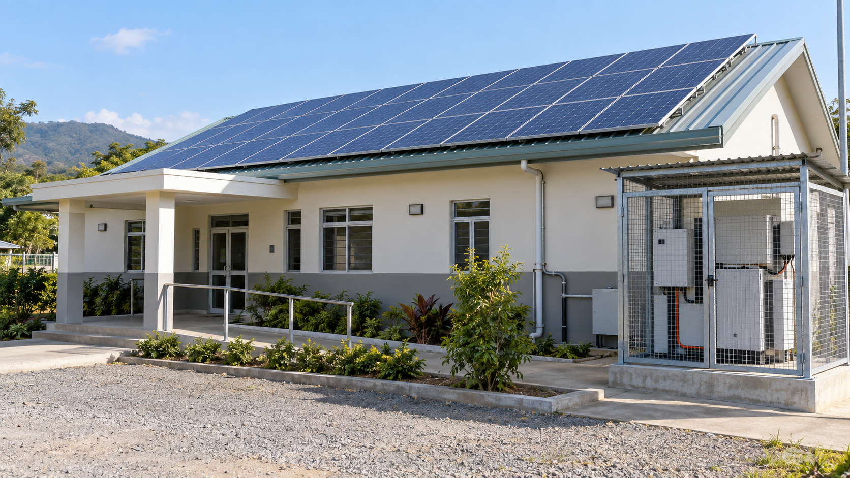 Roof solar array and protected energy enclosure at a community health facility
