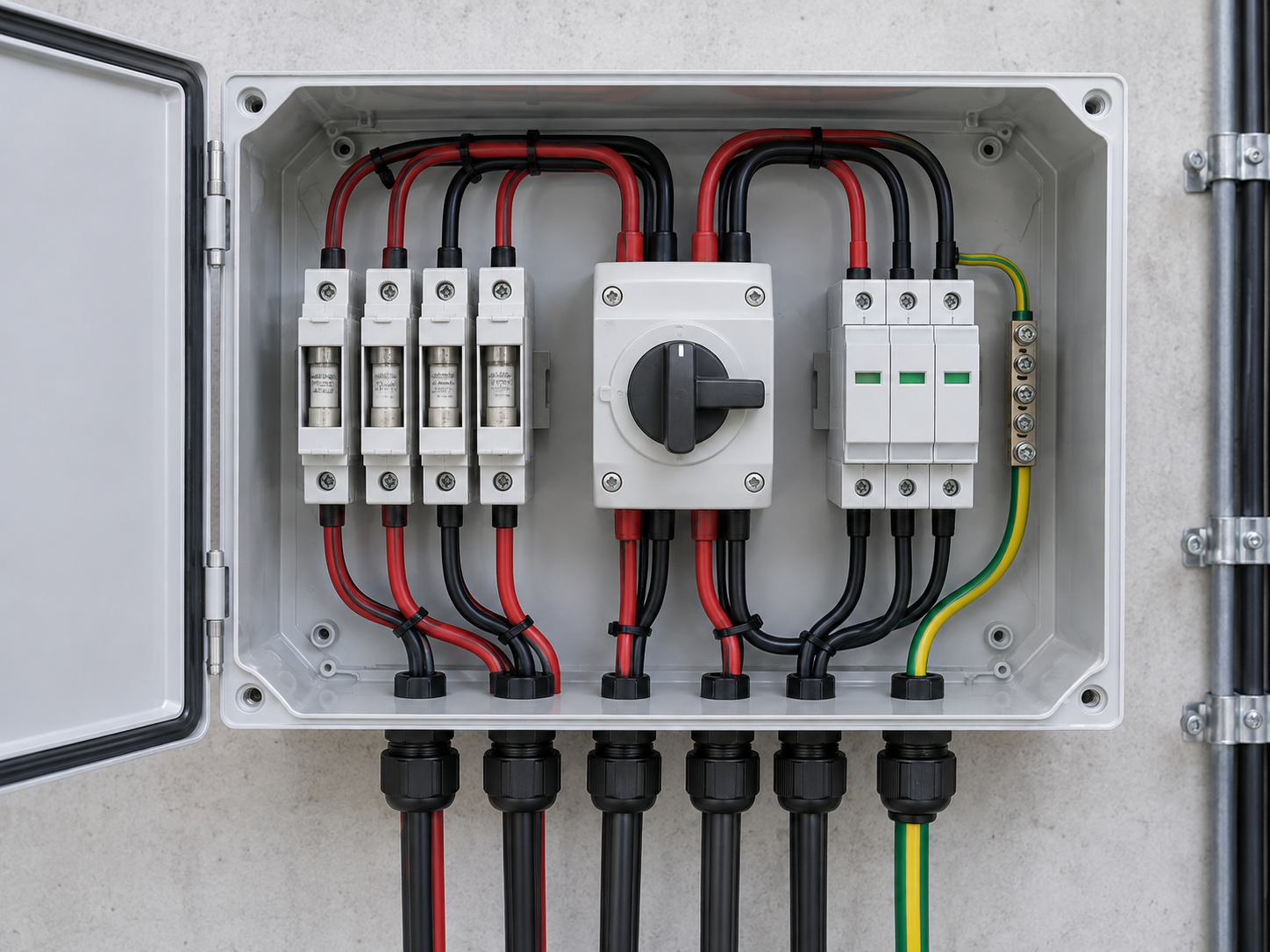 Open PV combiner enclosure with string fuses, isolator and surge protection