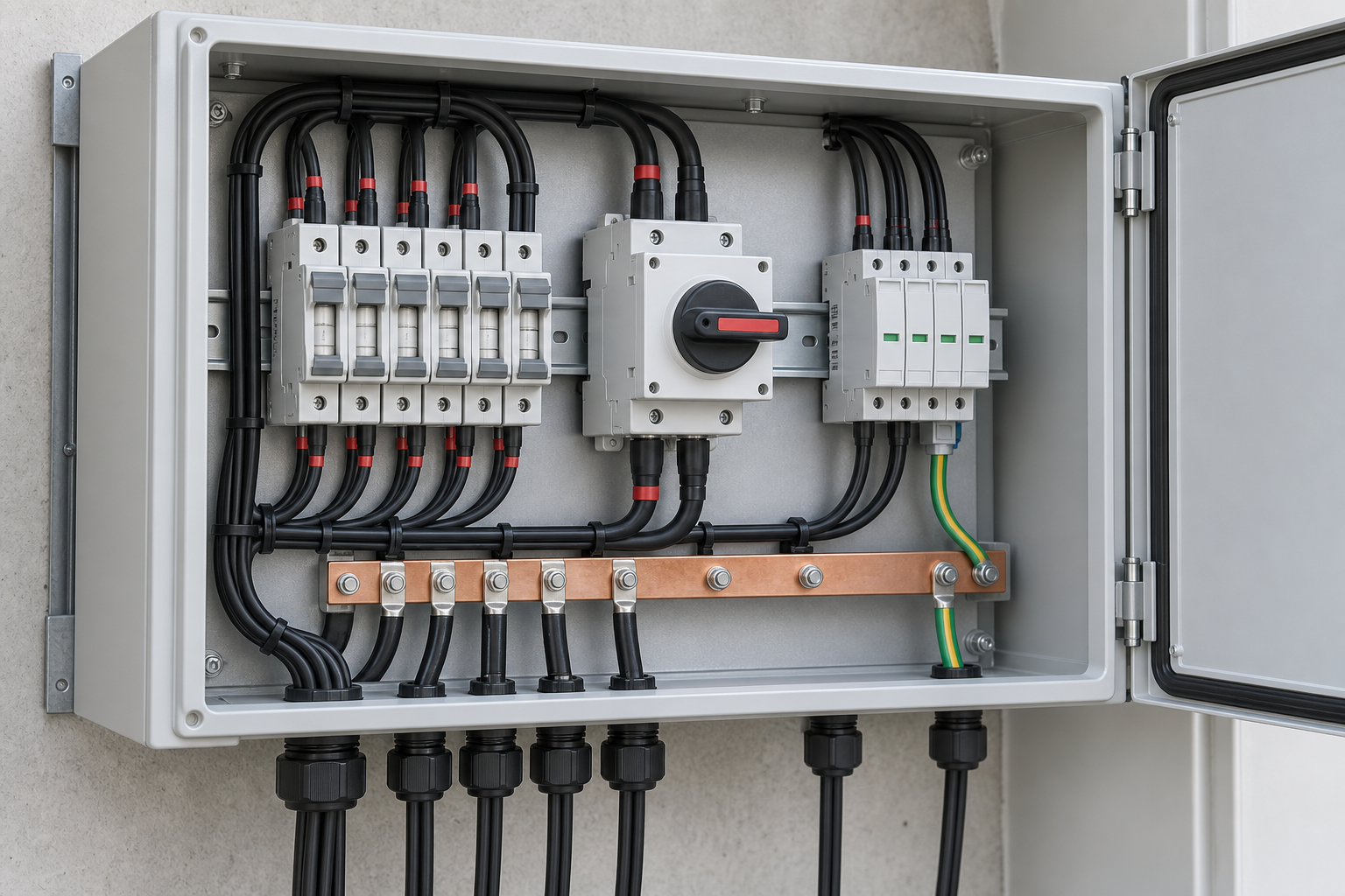 Open PV combiner enclosure showing fuse holders, DC disconnect and surge protection components
