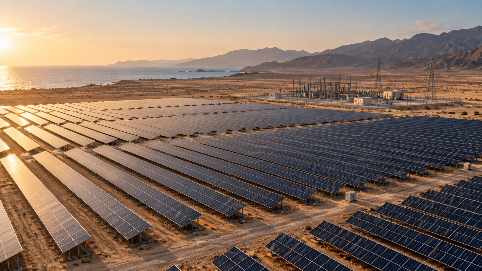 Utility-scale solar arrays and a substation in a coastal desert setting
