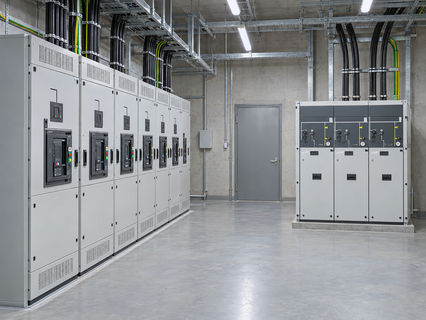 Low-voltage switchgear and ring main unit installed in a clean substation room