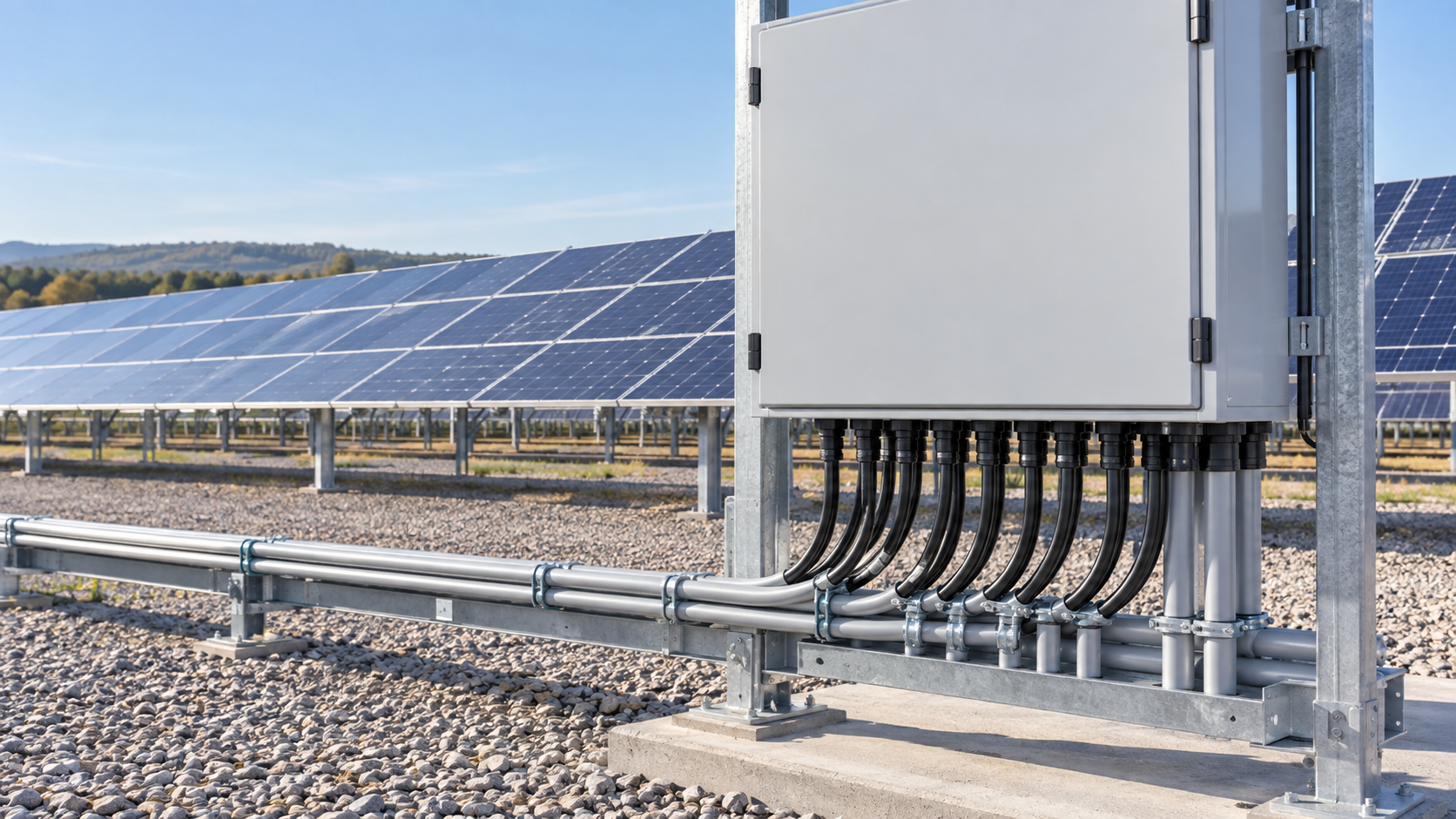 PV combiner enclosure with matched cable glands and disciplined cable routing