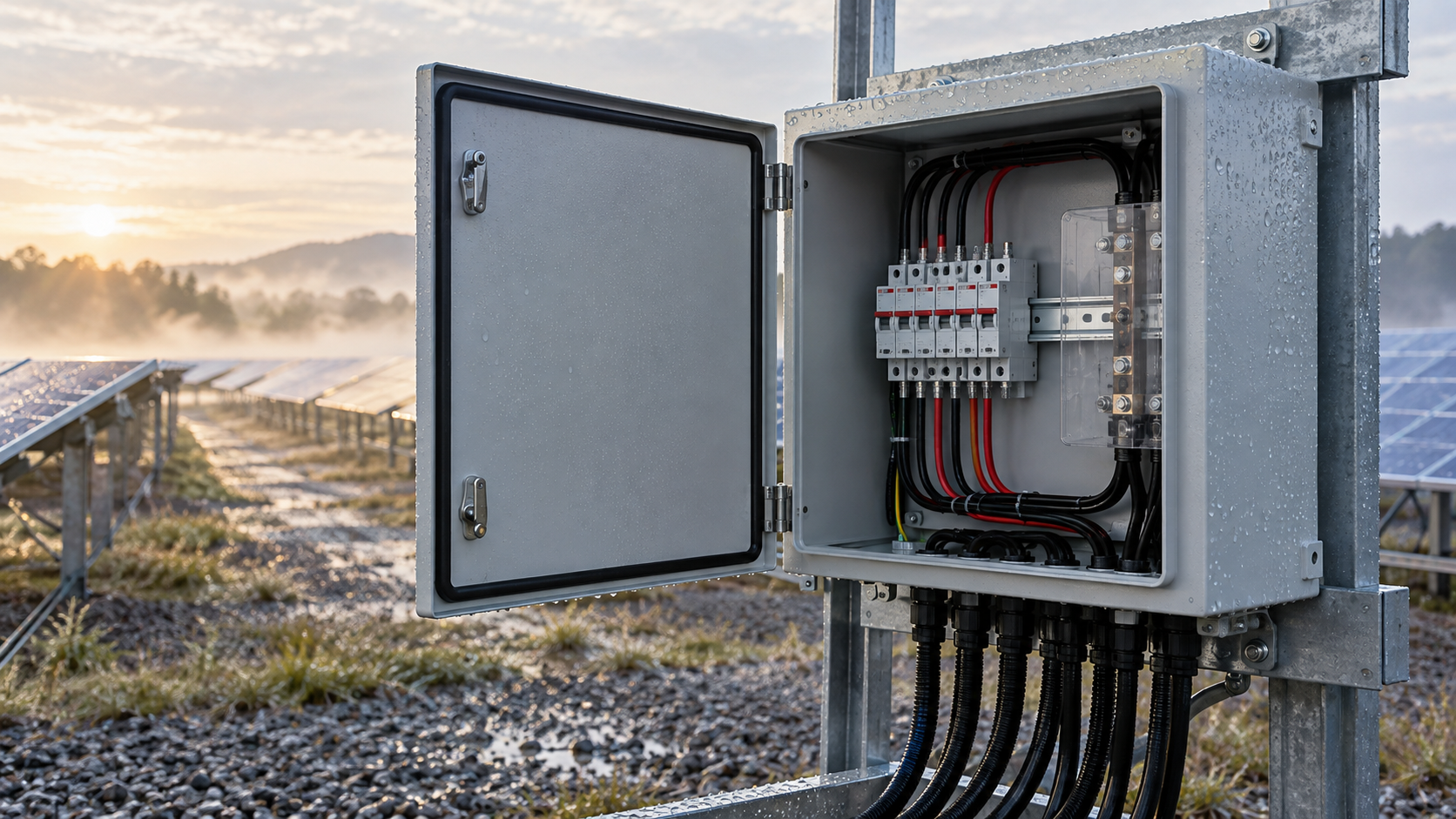 Sealed outdoor PV combiner enclosure in humid morning conditions