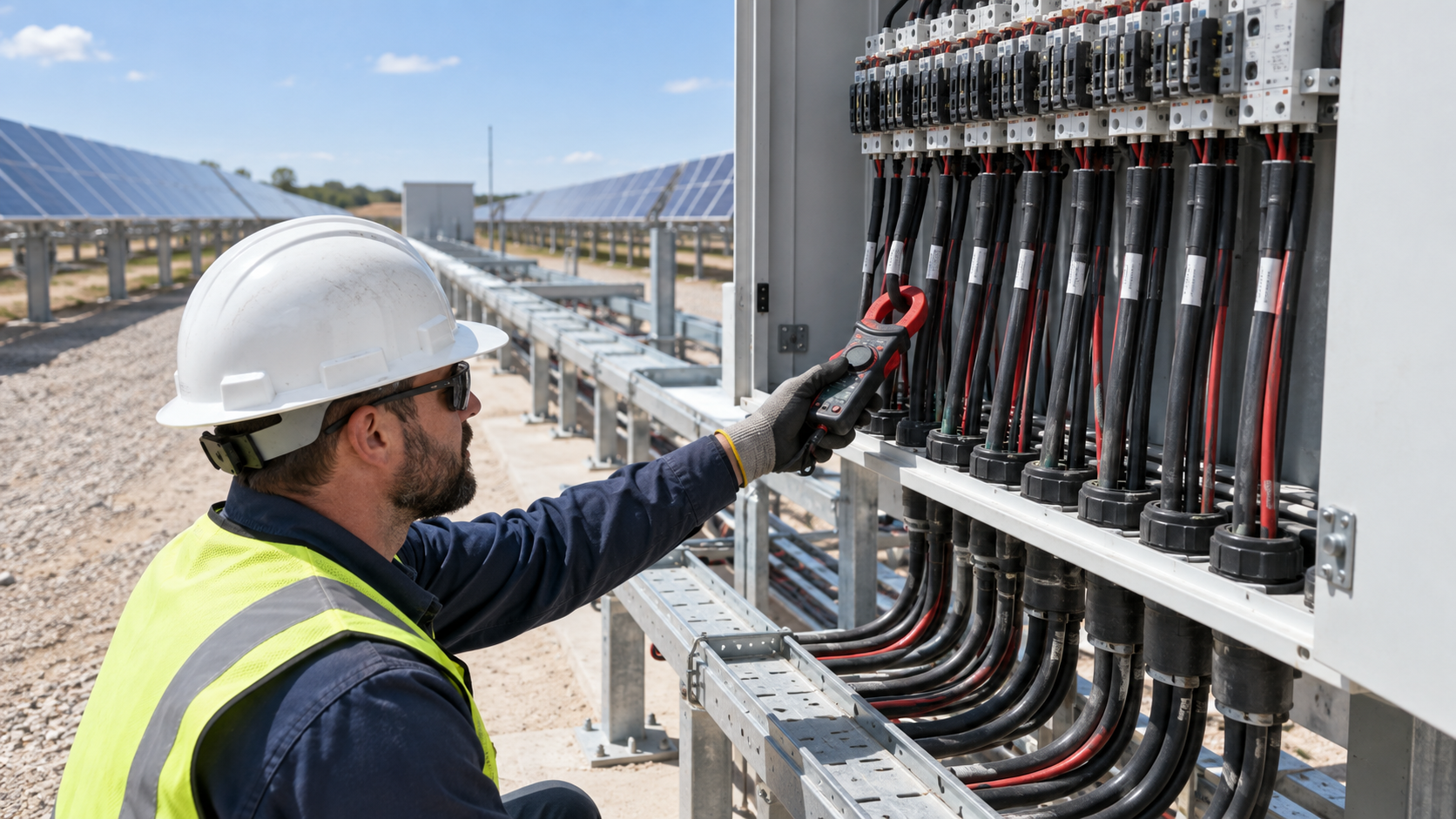 Parallel PV string routes entering a combiner enclosure for current comparison