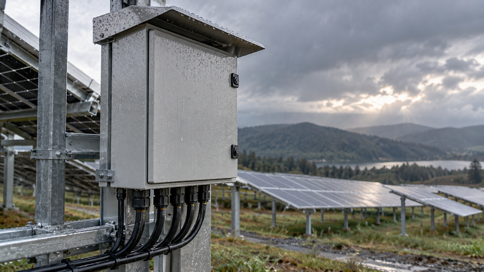 Outdoor PV combiner enclosure with gasket, cable glands and drainage details