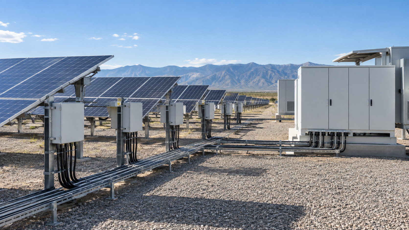 Field-level string combiners feeding a larger array recombiner near an inverter station