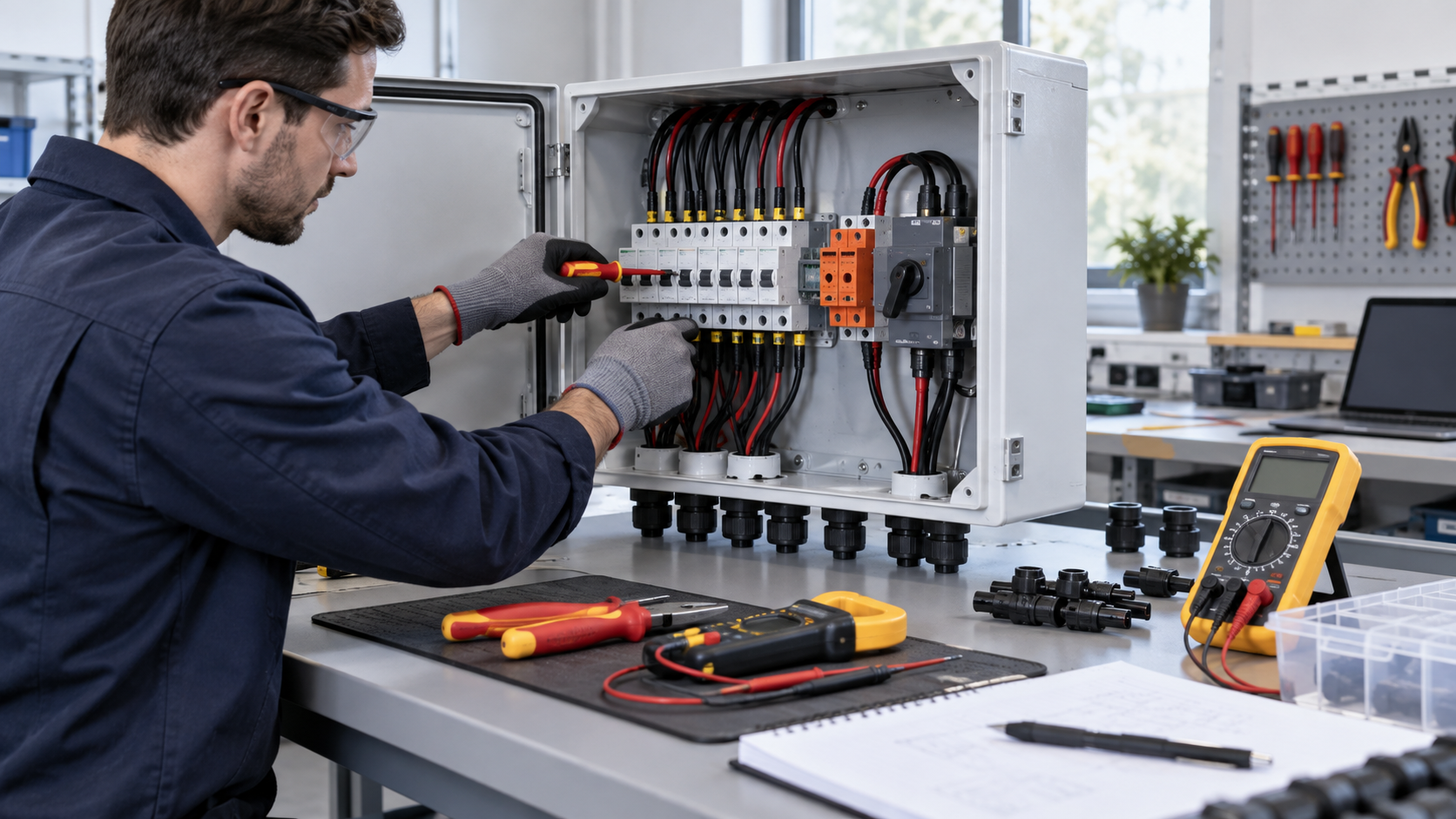 Neutral engineering verification scene for a PV combiner enclosure