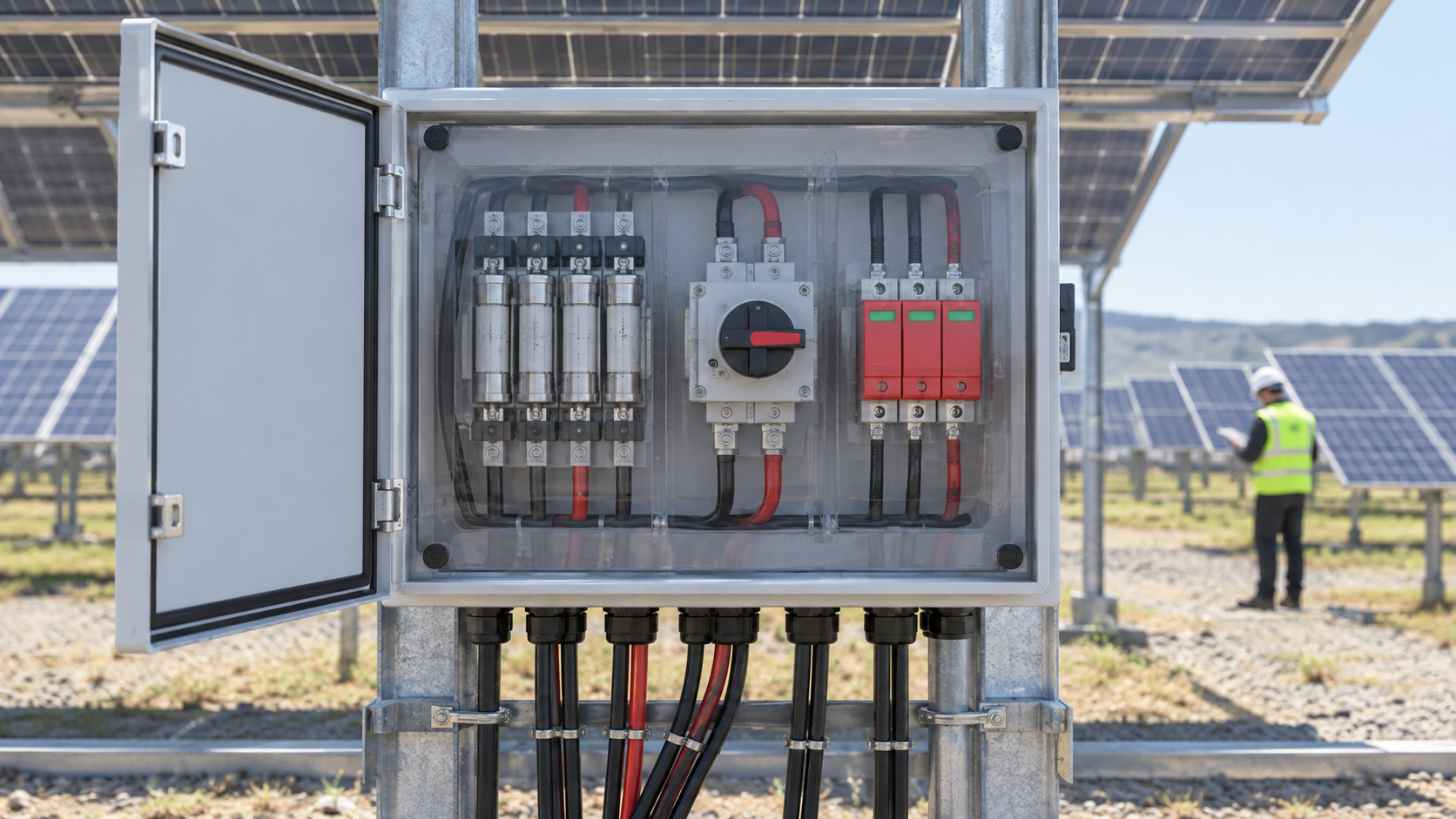 Unbranded PV combiner protection chain with gPV fuse holders and DC bus context