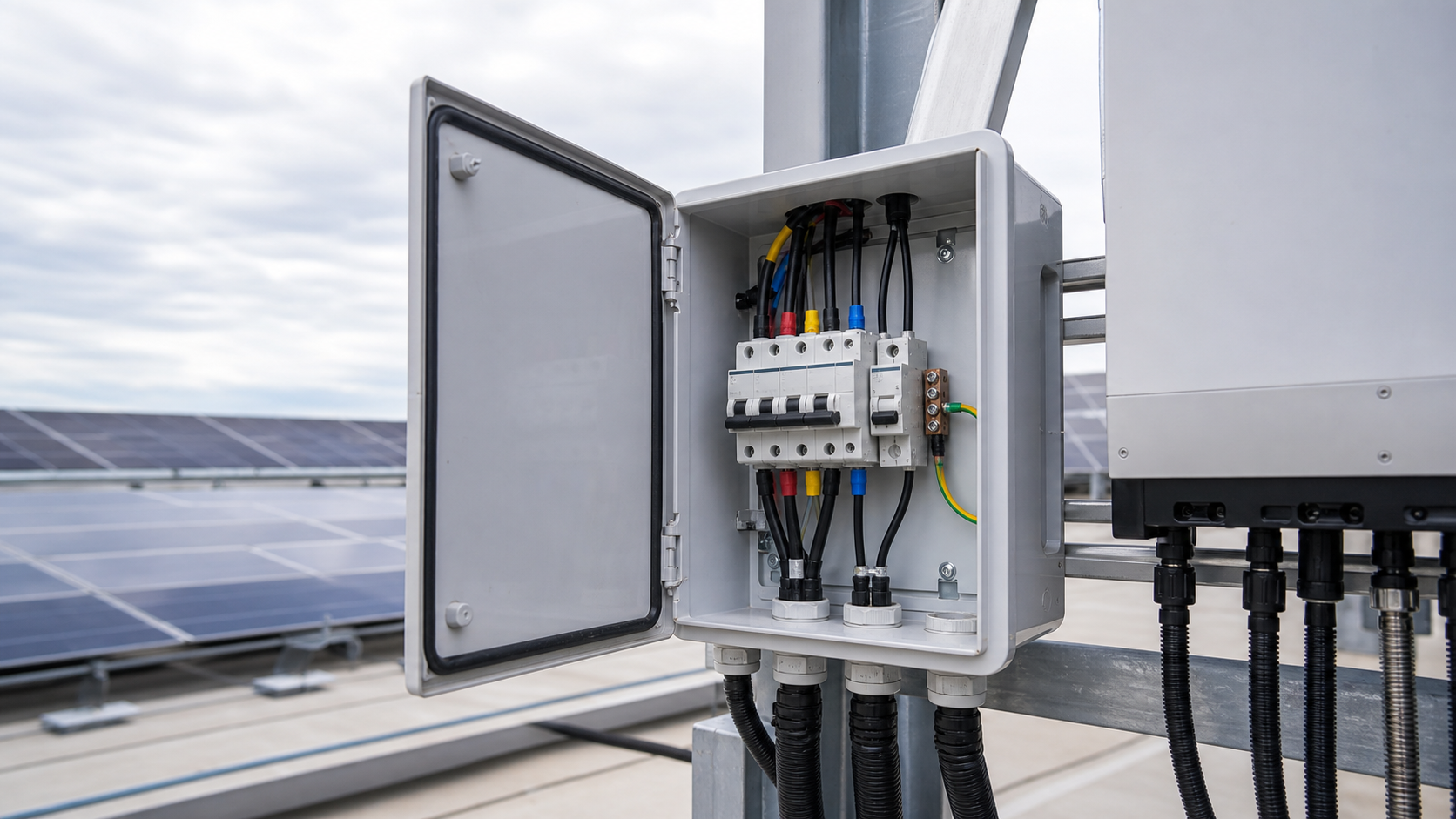 Open AC distribution box with outgoing protection devices, busbar and cable entries beside a solar inverter