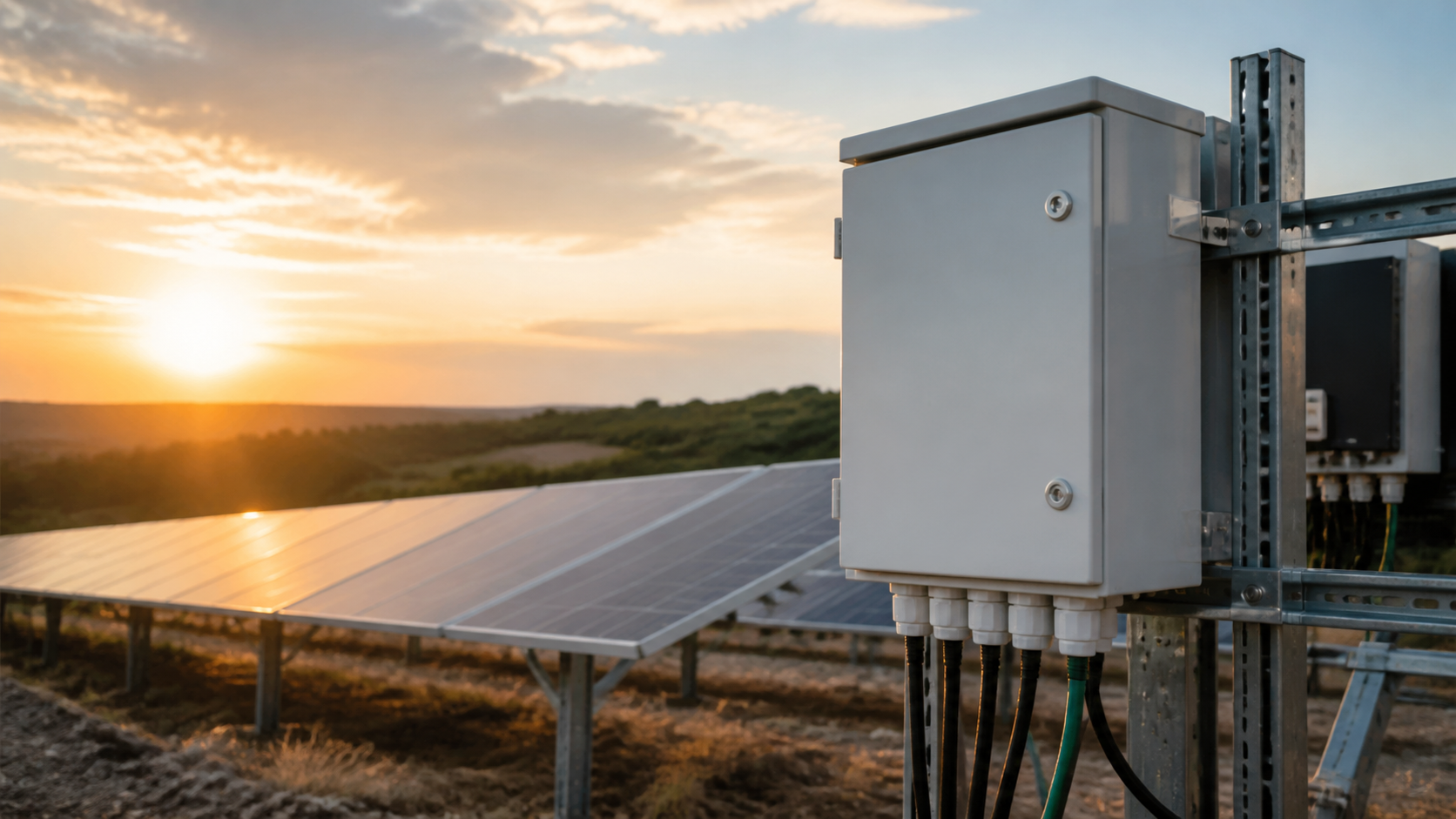 Weatherproof AC distribution box beside solar inverter output equipment at a commercial PV installation
