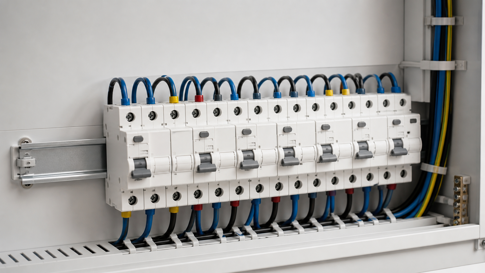 Compact RCBO-style device installed on a DIN rail in a modern low-voltage distribution board